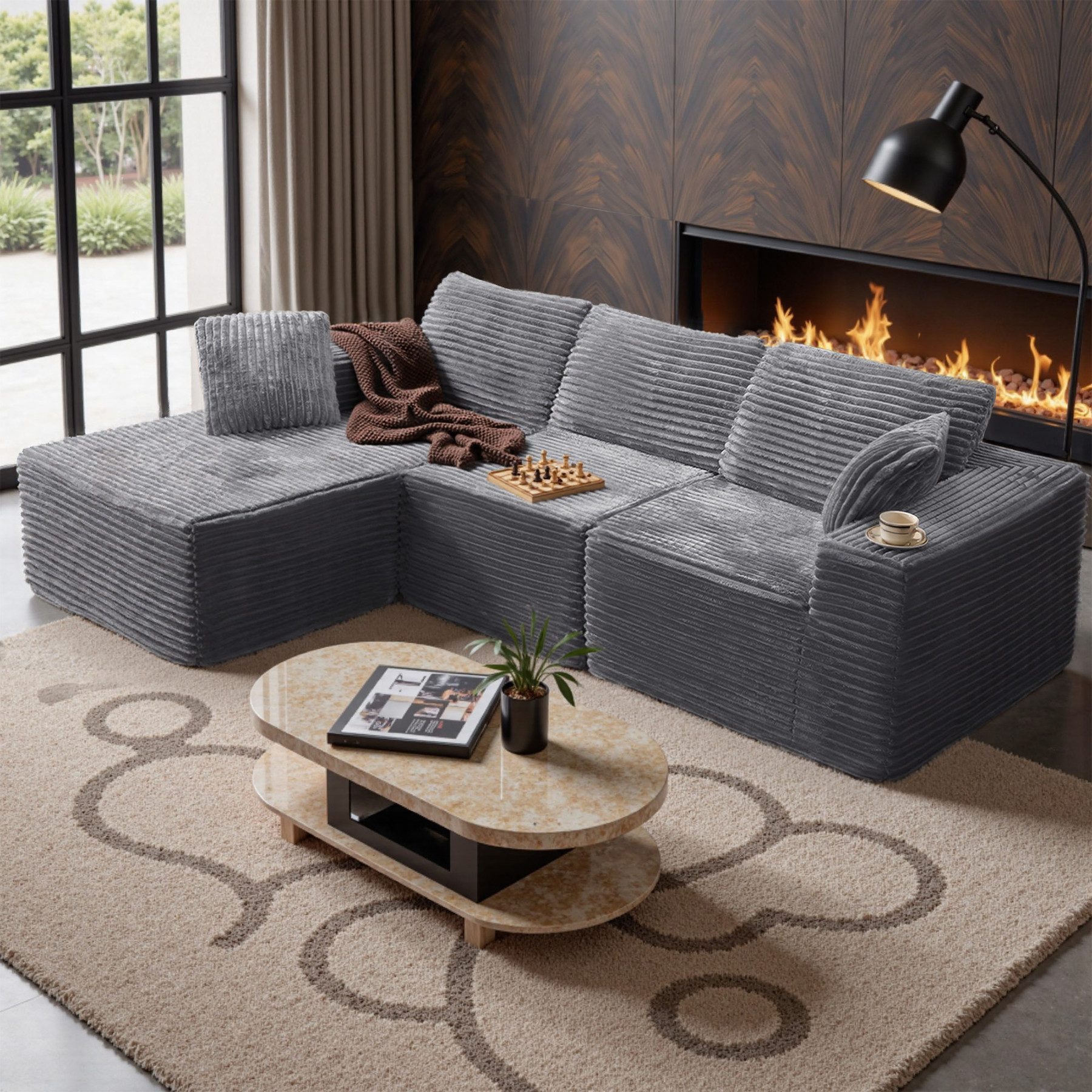 HawthyHome Ecksofa mit Schlaffunktion, Liegesessel, 3 Rückenlehnen & 4 Kissen, Modulares Ecksofa L-Form Cordstoff, frei kombinierbar