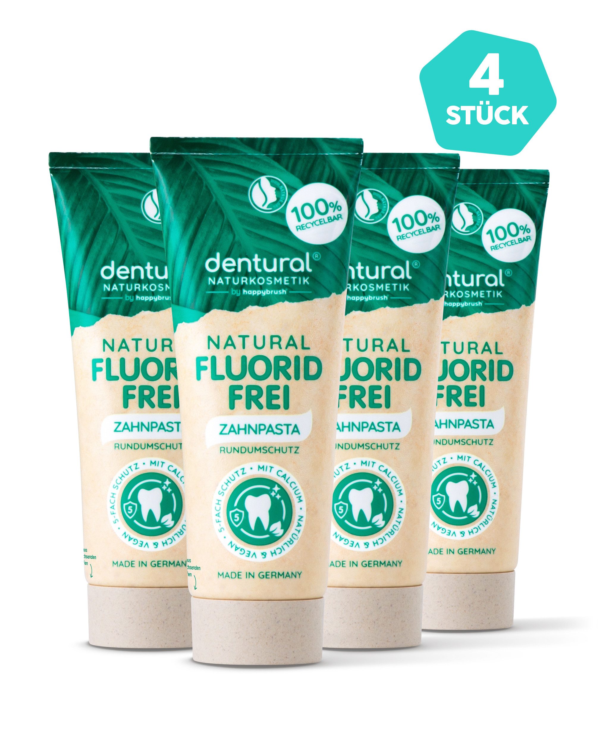 happybrush Zahnpasta dentural - Fluoridfrei - 4er Pack, (Spar-Set) vegan und FREI VON Natriumlaurylsulfat, Palmöl, Triclosan, Titandioxid