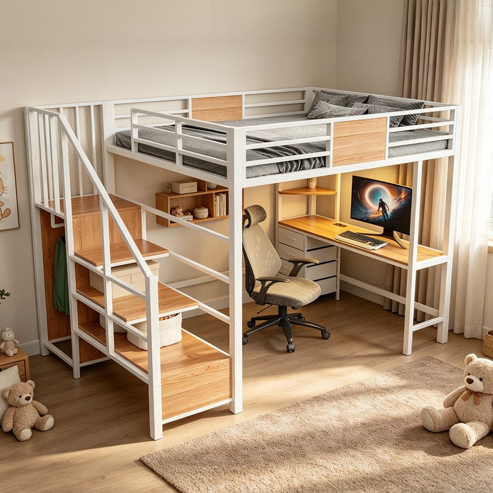 Hochbett mit Schreibtisch, LED-Beleuchtung und Ablagefächern