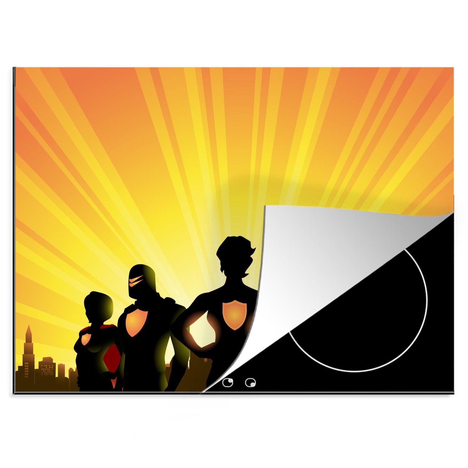 MuchoWow Herdblende-/Abdeckplatte Kinder Illustration von Silhouetten von Superhelden für Skyline, Vinyl, (1 tlg), 70x52 cm, Mobile Arbeitsfläche nutzbar, Ceranfeldabdeckung