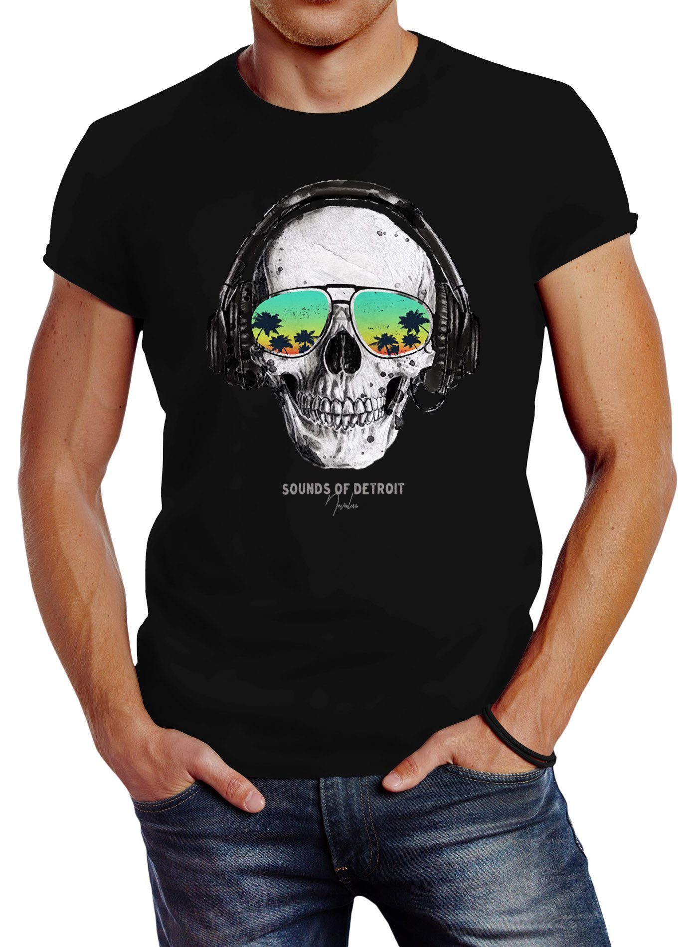 Neverless Print-Shirt Herren T-Shirt Totenkopf Kopfhörer Musik Party Skull Sonnenbrille Schädel Sounds of Detroit Music Slim Fit Neverless® mit Print schwarz