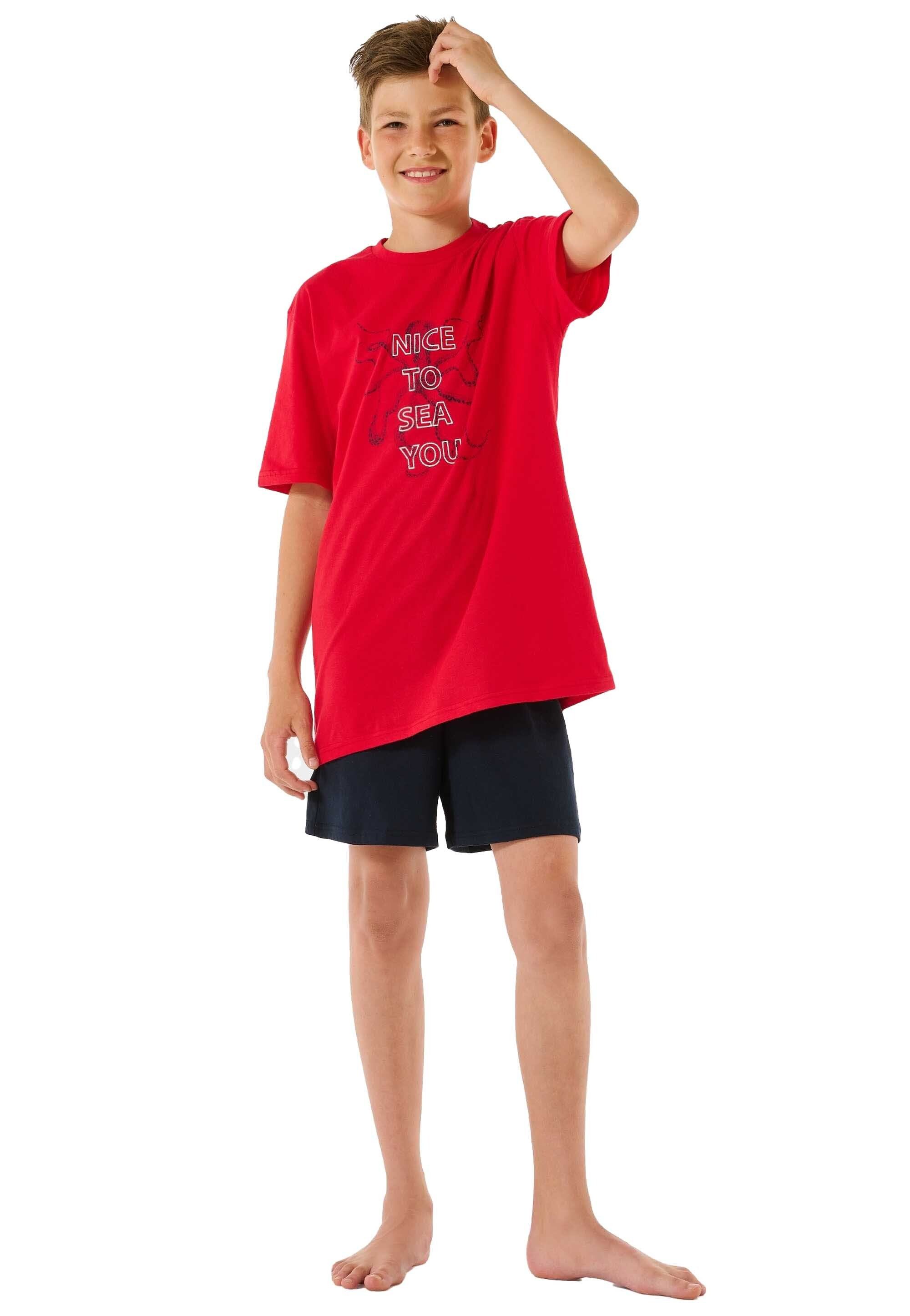 Schiesser Pyjama 2-tlg. Kinder Set kurz, Schlafanzug Rot/Dunkelblau Jungen 