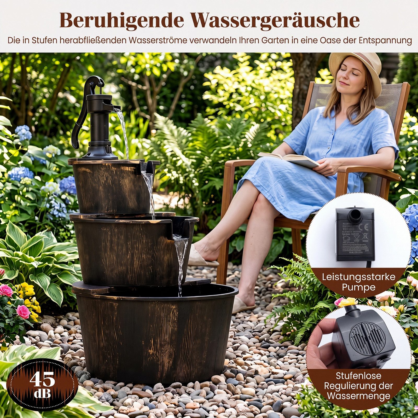 COSTWAY Wasserspiel 3-stufiger Gartenbrunnen mit Pumpe, Springbrunnen aus PP – Bild 4 von 5