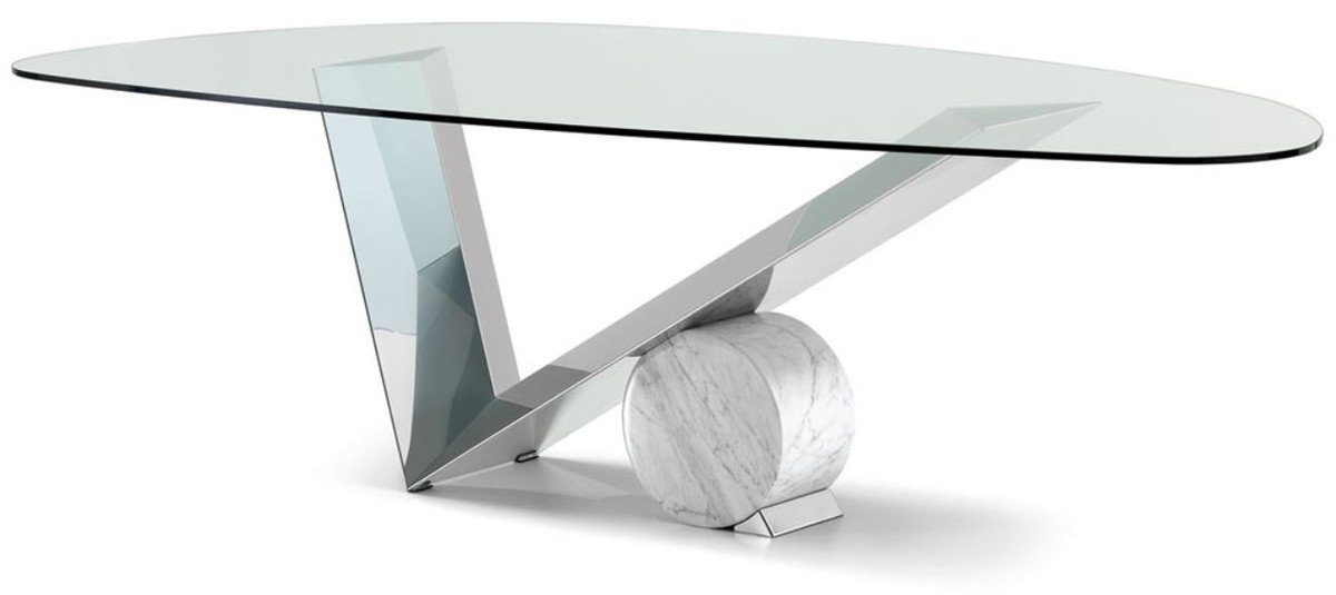 Casa Padrino Esstisch Designer Esstisch Silber / Weiß 240 x 115 x H. 75 cm - Esszimmertisch mit Glasplatte - Moderne Esszimmer Möbel - Luxus Kollektion