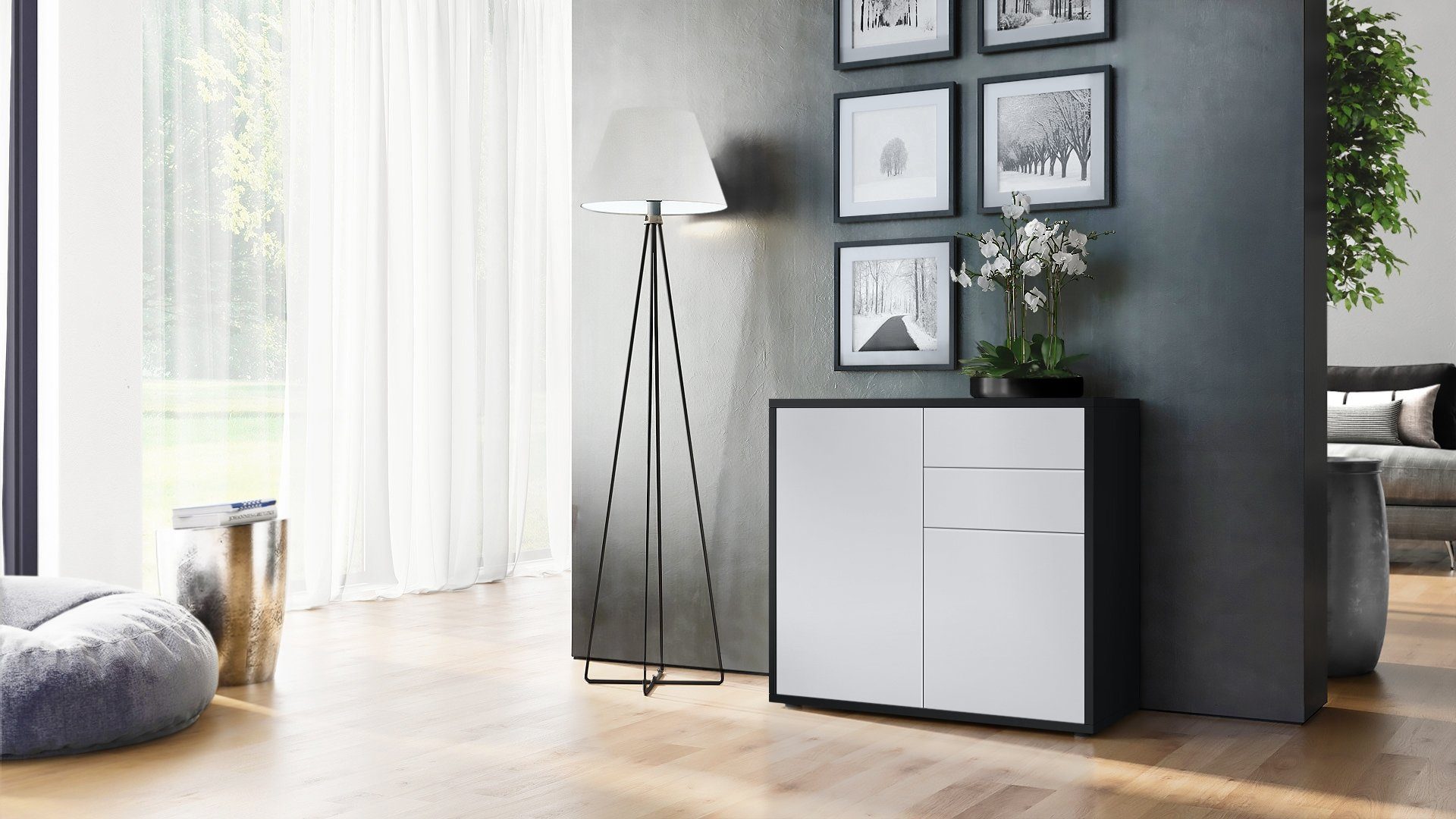 Vladon Kommode Ben V1 (Kommode, mit 2 Türen und 2 Schubladen), Schwarz matt/Weiß matt (79 x 74 x 36 cm)