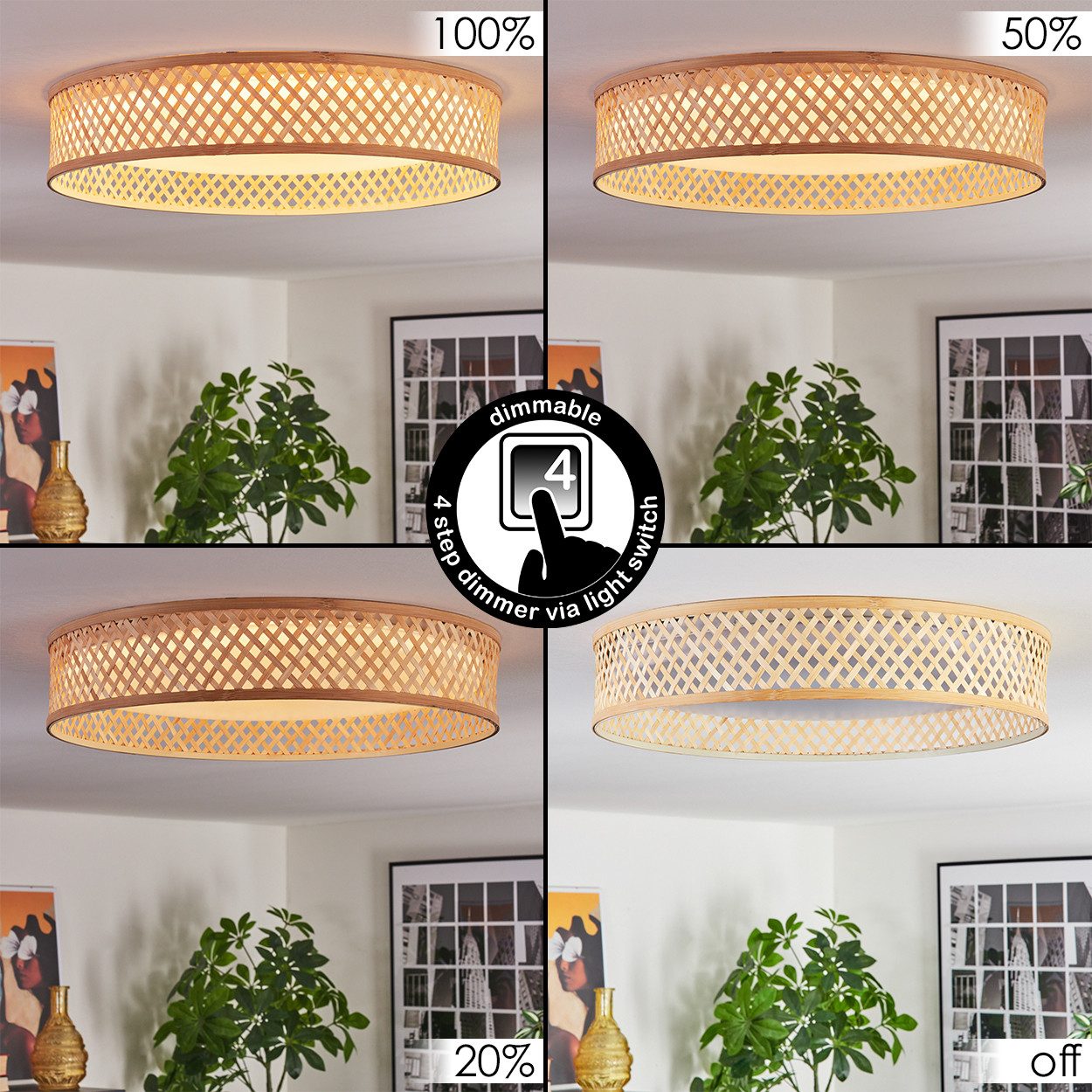 hofstein Deckenleuchte Deckenlampe dimmbar aus Metall/Bambus/Kunststoff in günstig online kaufen