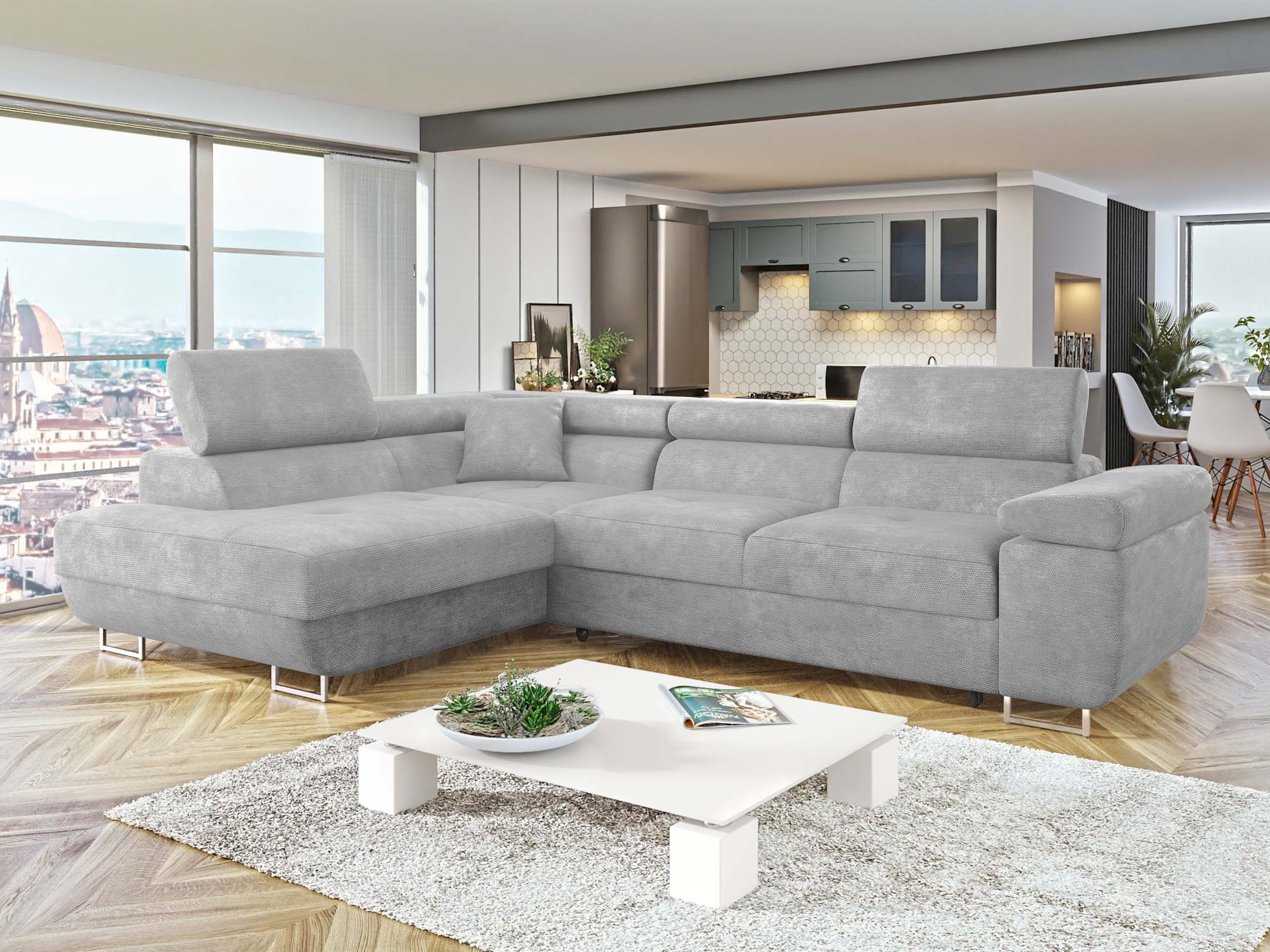 MIRJAN24 Ecksofa Torezio, mit Bettkasten und Schlaffunktion, Einstellbare Kopfstützen, 274x203x70-90 cm