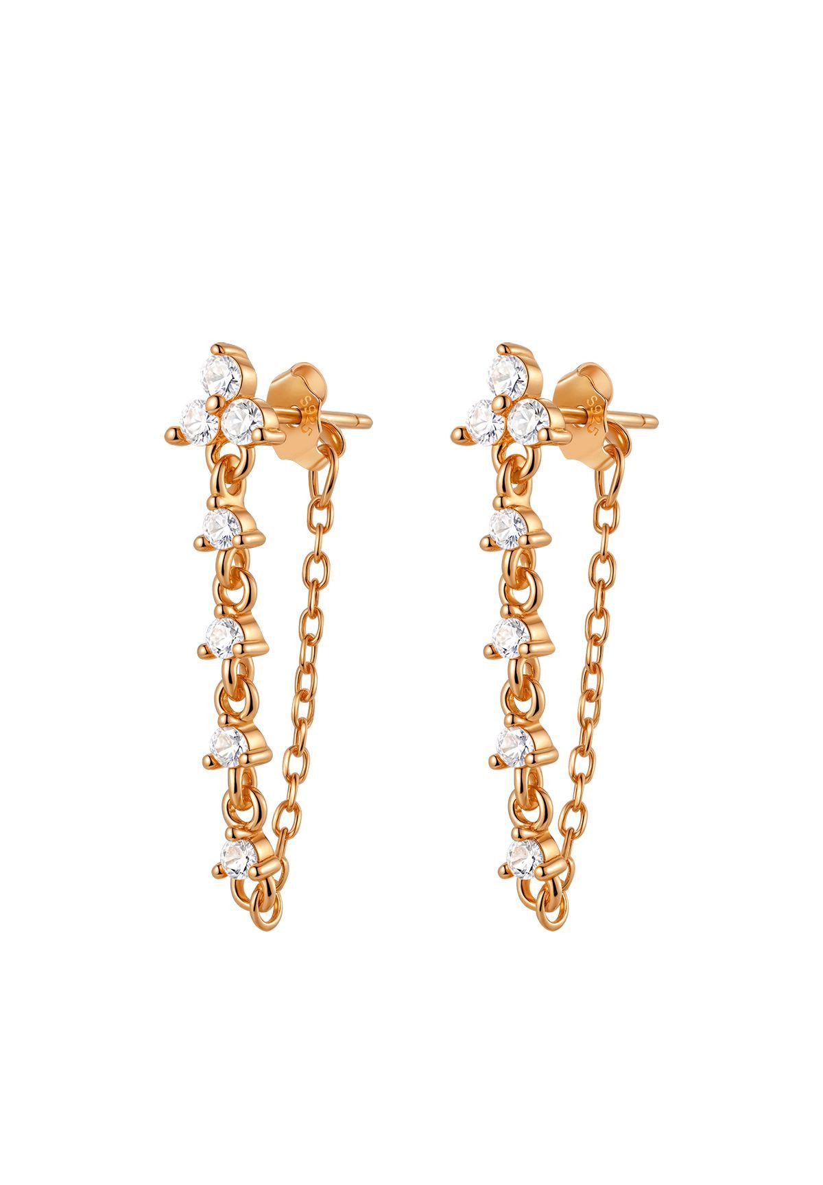 Hey Happiness Paar Ohrhänger Dreiblatt Ohrstecker mit Kette und Zirkonia, Edle 925 Silber Ohrringe Damen, Gold & Roségold