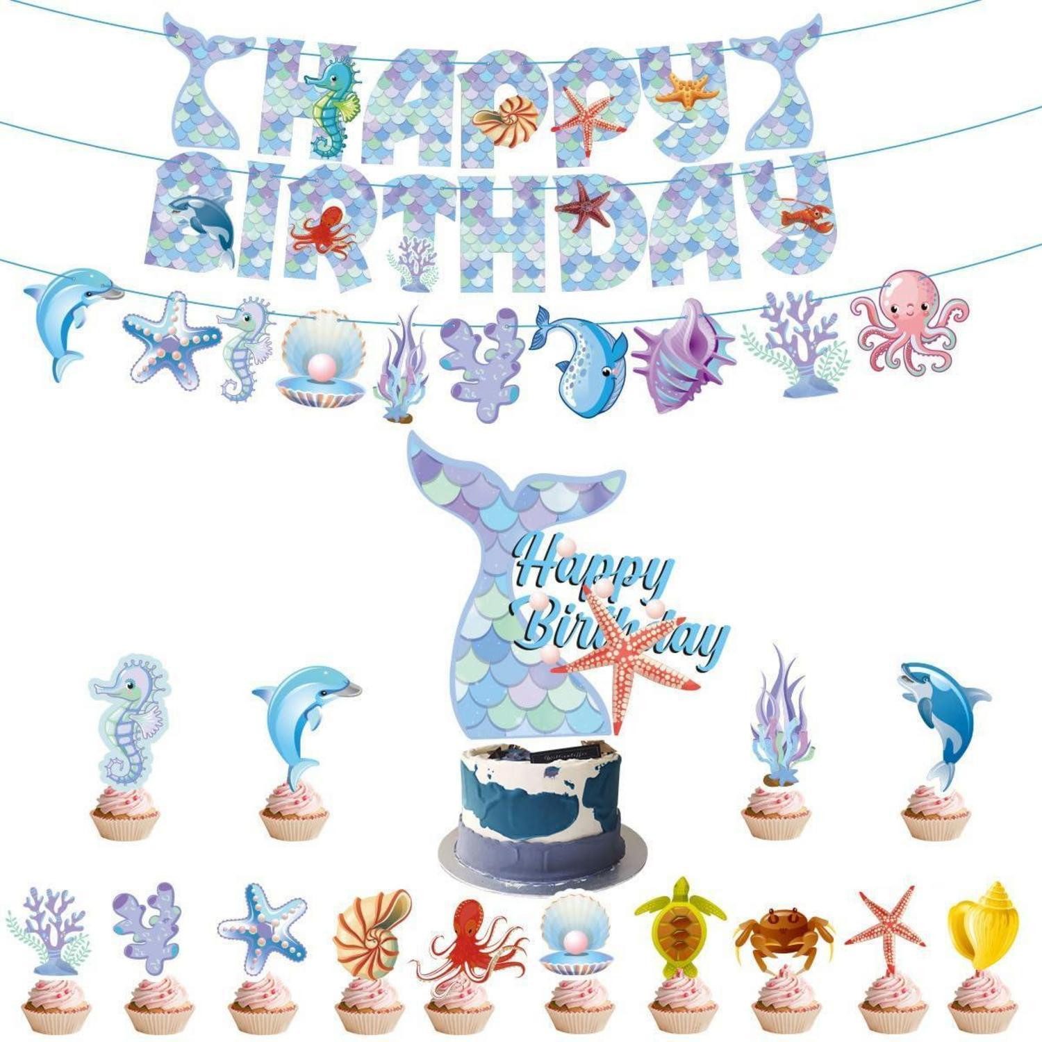 LuxusKollektion Girlande Ozean Geburtstag Deko Set Banner Kuchentopper