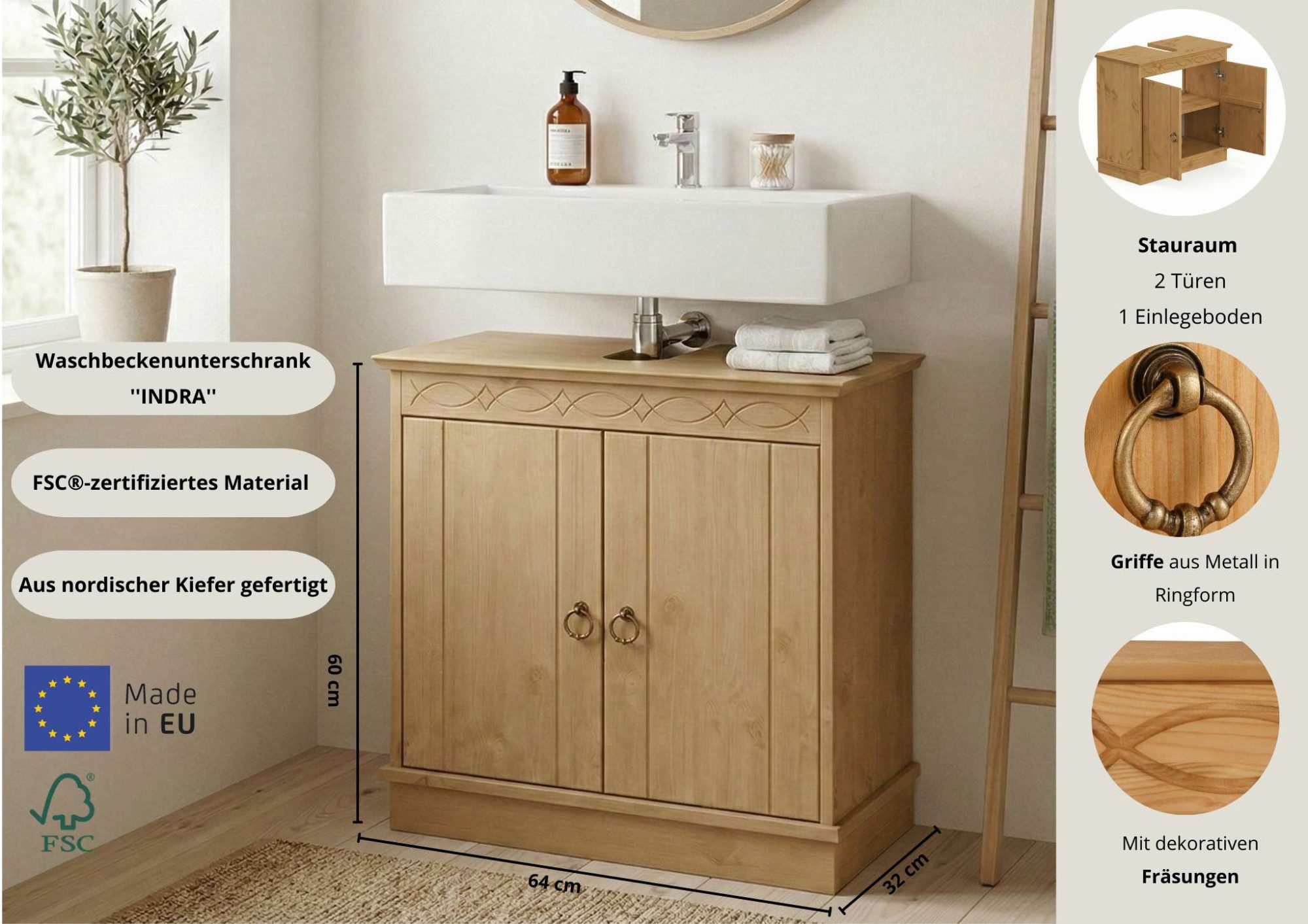 OTTO home Waschbeckenunterschrank Indra, Badschrank, Badmöbel, Badezimmerschrank (B/T/H: 64/32/66 cm) aus massiver Kiefer, 2 Türen, FSC®-zertifiziert