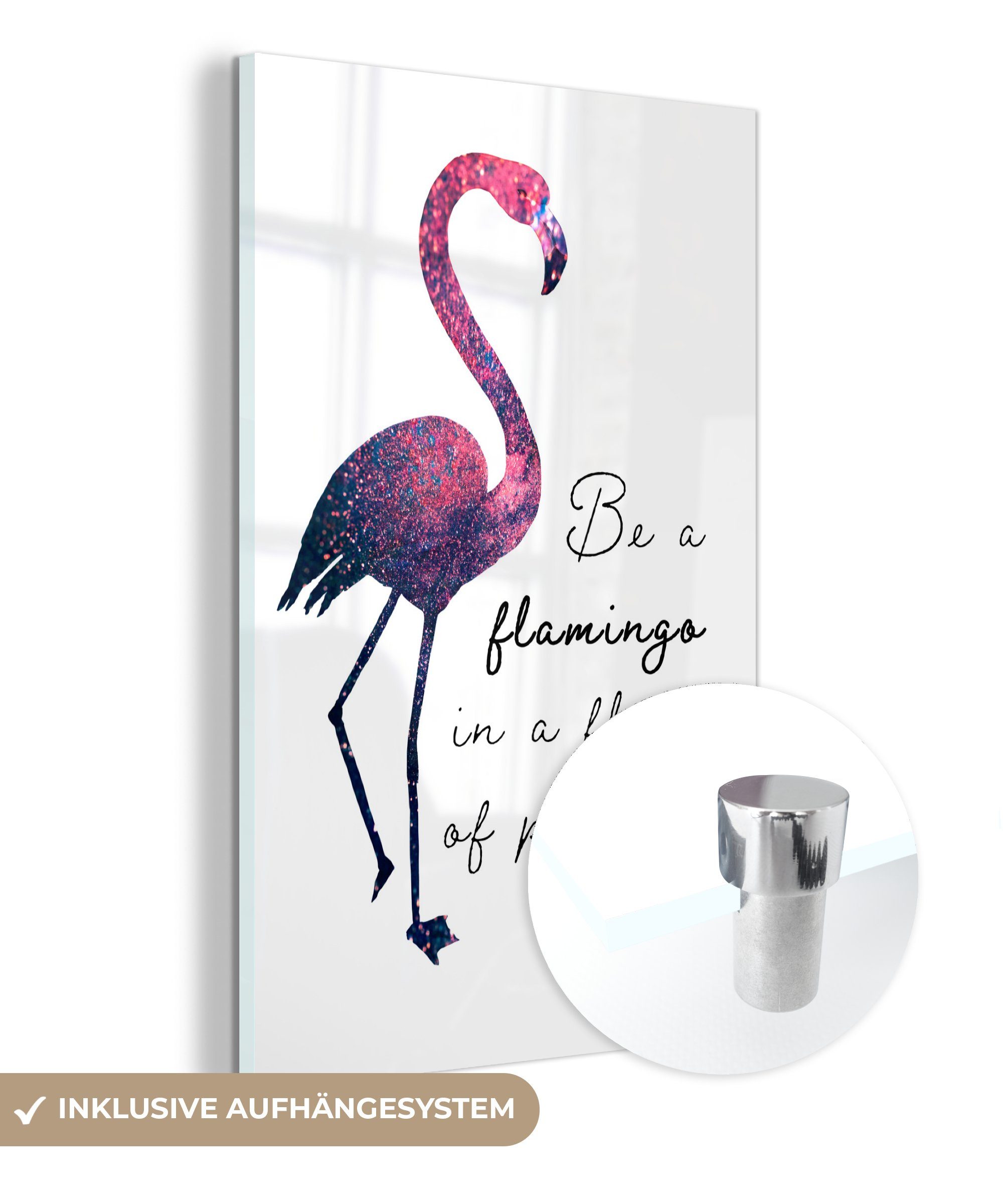 MuchoWow Acrylglasbild Flamingo - Glitzer - Rosa, (1 St), Glasbilder - Bilder auf Glas Wandbild - Foto auf Glas - Wanddekoration bunt