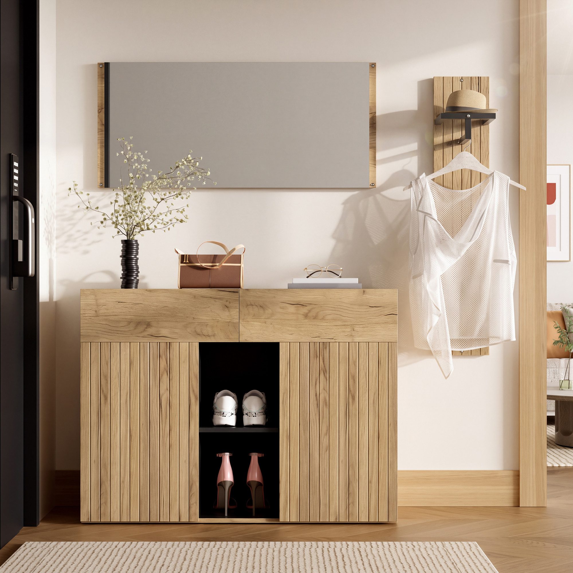 Flieks Garderoben-Set 3-teilig Kompaktgarderobe Flurmöbel-Set in Holzoptik Natur&Schwarz, (3-St), Spiegel Kleiderständer Schuhschrank mit verstellbarer Einlegeb – Bild 5 von 5