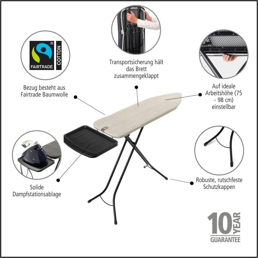 Brabantia Bügelbrett Bügeltisch B, 124 x 38 cm, Dst-Ablage Solide, Bügelfläche 124x38 cm, Fairtrade-zertifiziert