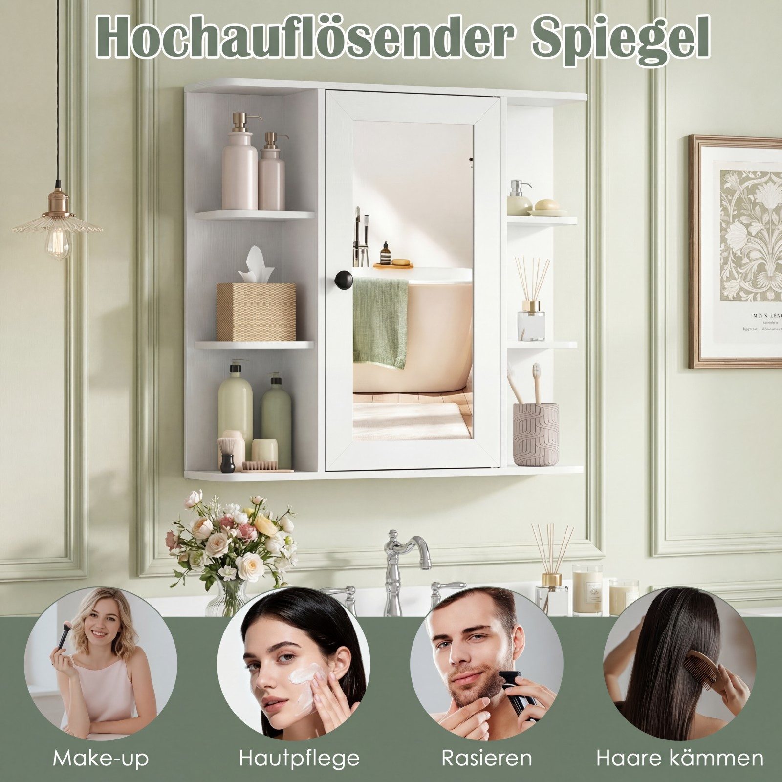 COSTWAY Spiegelschrank Badschrank mit 3 Innenablagen & 6 offenen Fächern – Bild 4 von 5