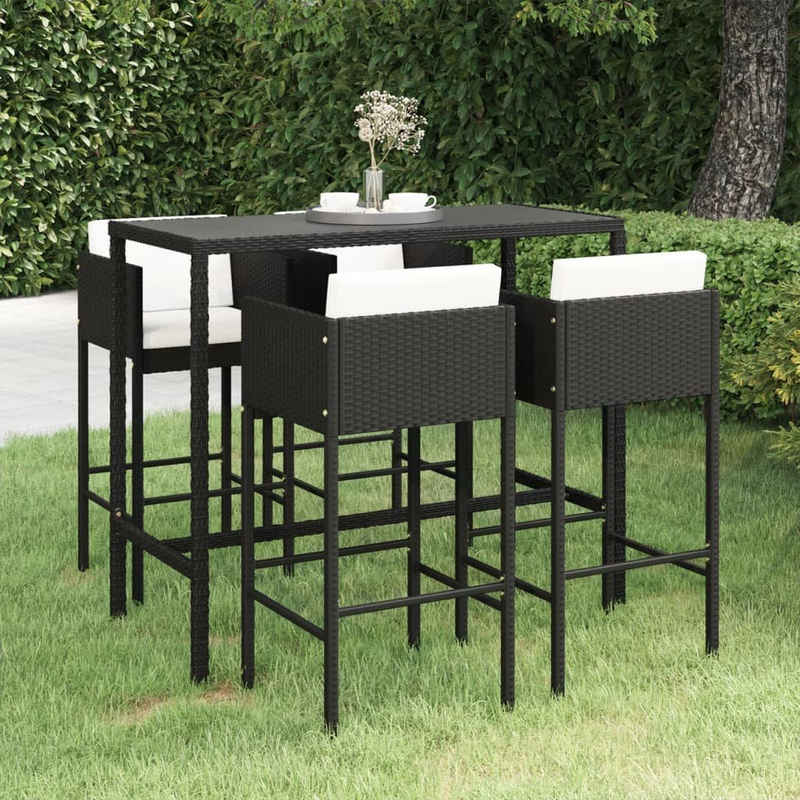 vidaXL Gartenlounge-Set 5-tlg. Gartenbar-Set mit Kissen Poly Rattan Schwarz, (5-tlg)