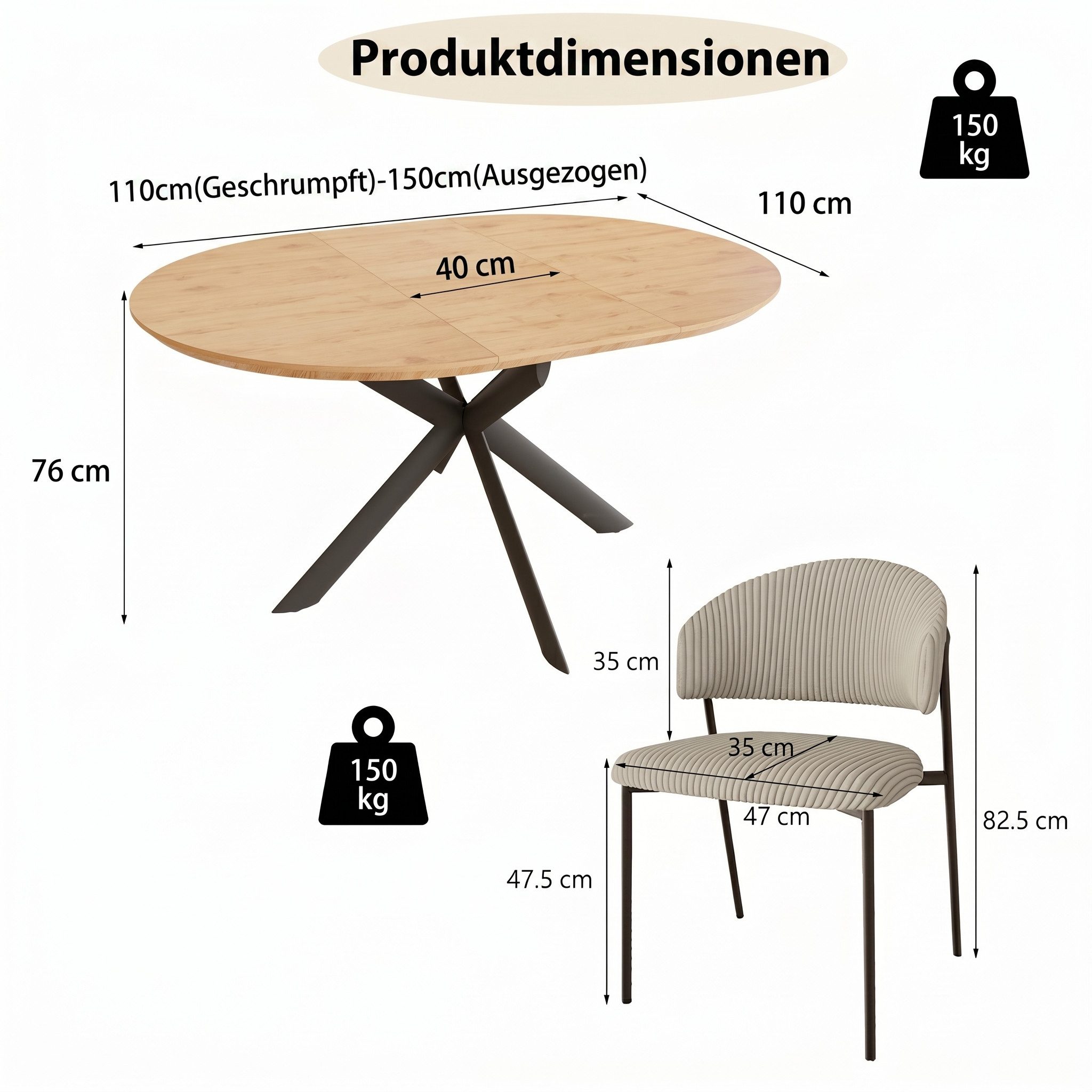 Jiexi Essgruppe Essgruppe ausziehbar rund bis oval MDF Tisch mit Cordstühlen – Bild 3 von 5