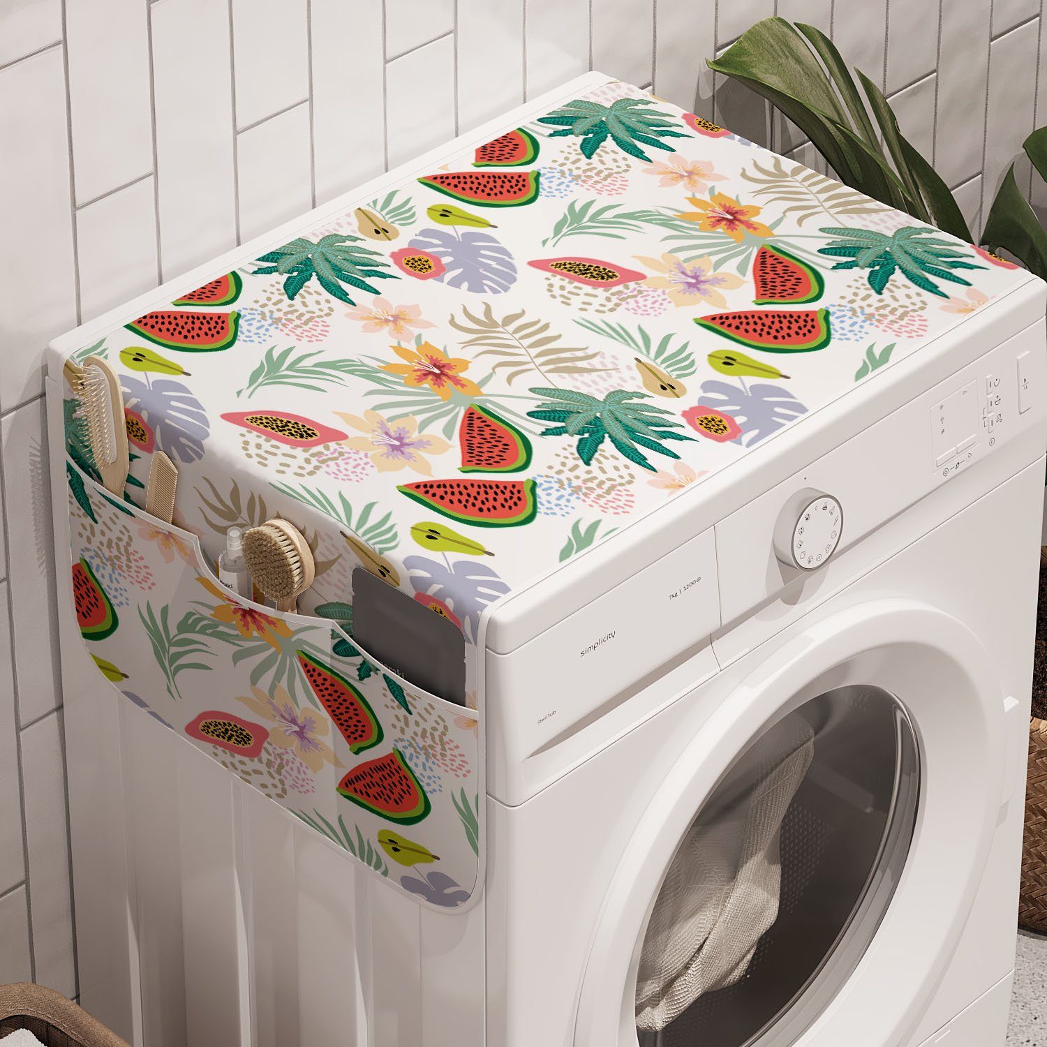 Waschmaschine Trockner, Papaya Badorganizer Wassermelone Tropisch für und Anti-Rutsch-Stoffabdeckung Retro Abakuhaus