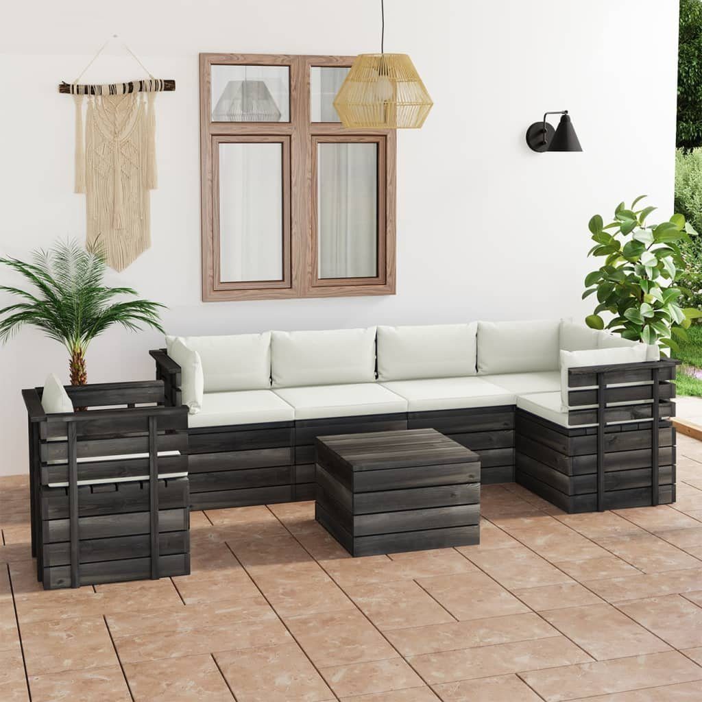 Gartenlounge-Set mit Kiefernholz, Garten-Sofagarnitur vidaXL Creme aus Paletten Kissen (7-tlg) 7-tlg.