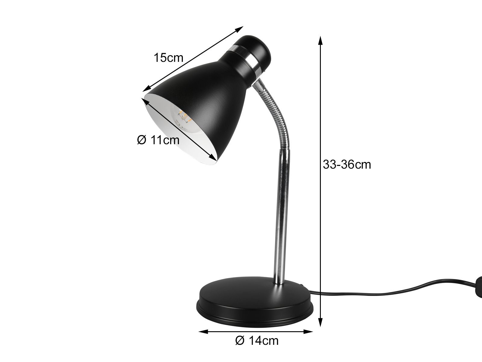Reality Leuchten LED Schreibtischlampe, LED wechselbar, Warmweiß, Arbeitsplatzleuchte & Leselampe Schwanenhalslampe Bett Schwarz, H 33cm