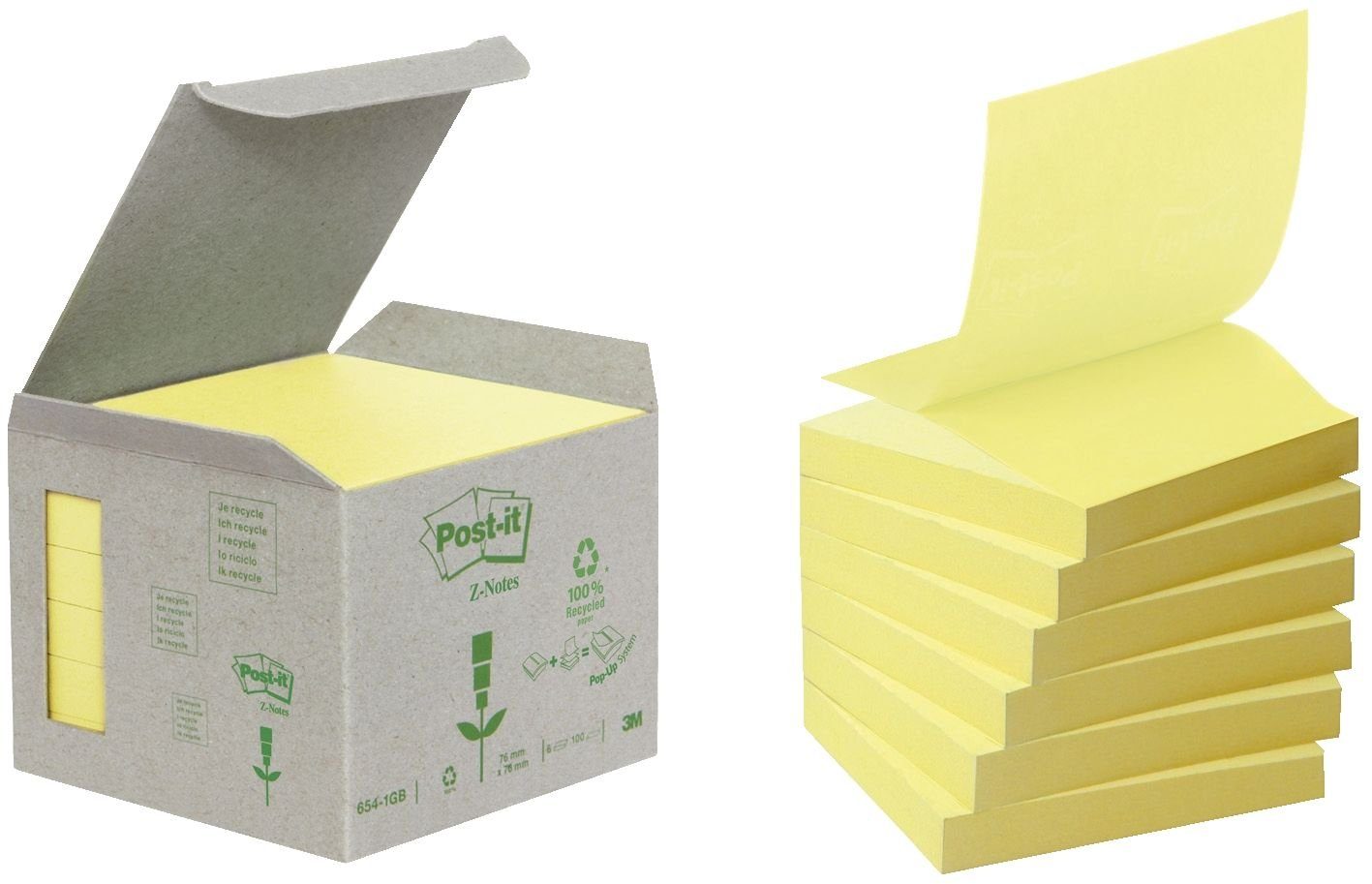 Post-it® Haftnotizblock Post-it Haftnotizen Recycling Z-Notes, 76 x 76 m, gelb