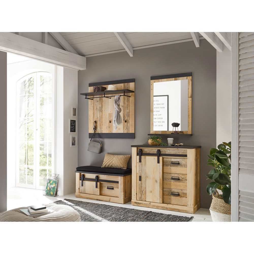 Lomadox Garderoben-Set SHELTON-61, (Spar-Set, 4-St), inkl. Spiegel in Old Style hell mit anthrazit 206/200/43 cm