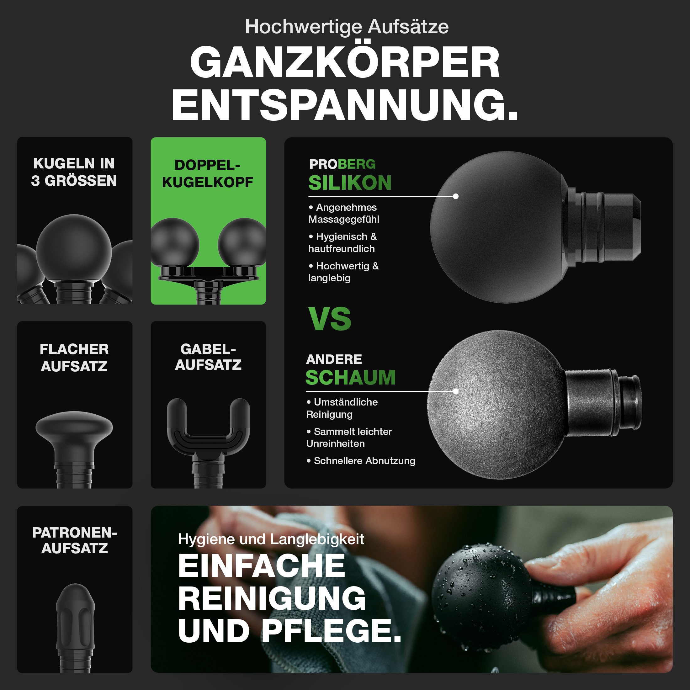 Donnerberg Massagepistole Proberg MG-999, Silikon Aufsätze, 7 Jahre Kraftmotor Garantie, Samsung Akku, 12mm