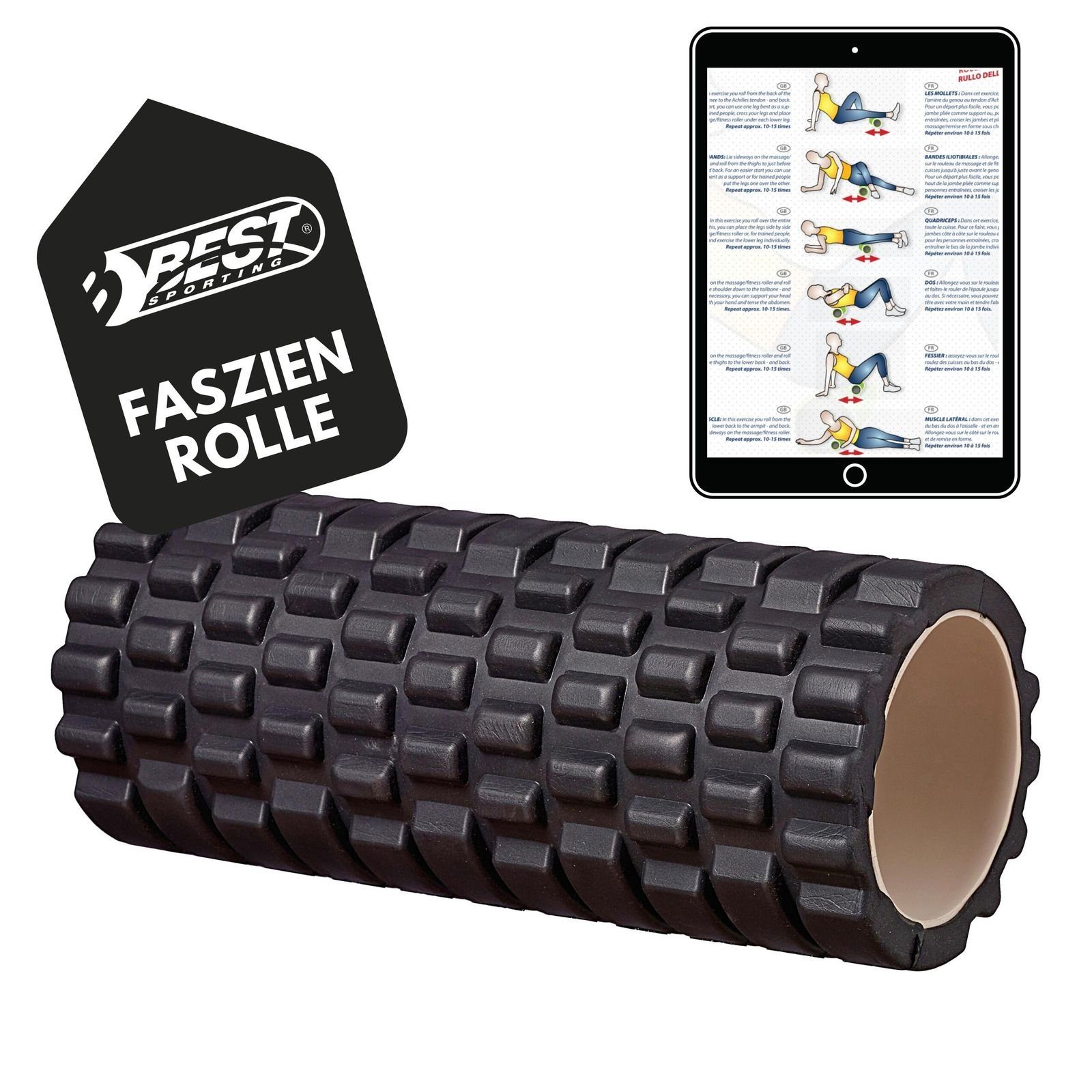 Best Sporting Pilatesrolle Faszienrolle Rücken 33cm, in schwarz, 900g, Schaumstoffrolle für Beweglichkeit und Durchblutung