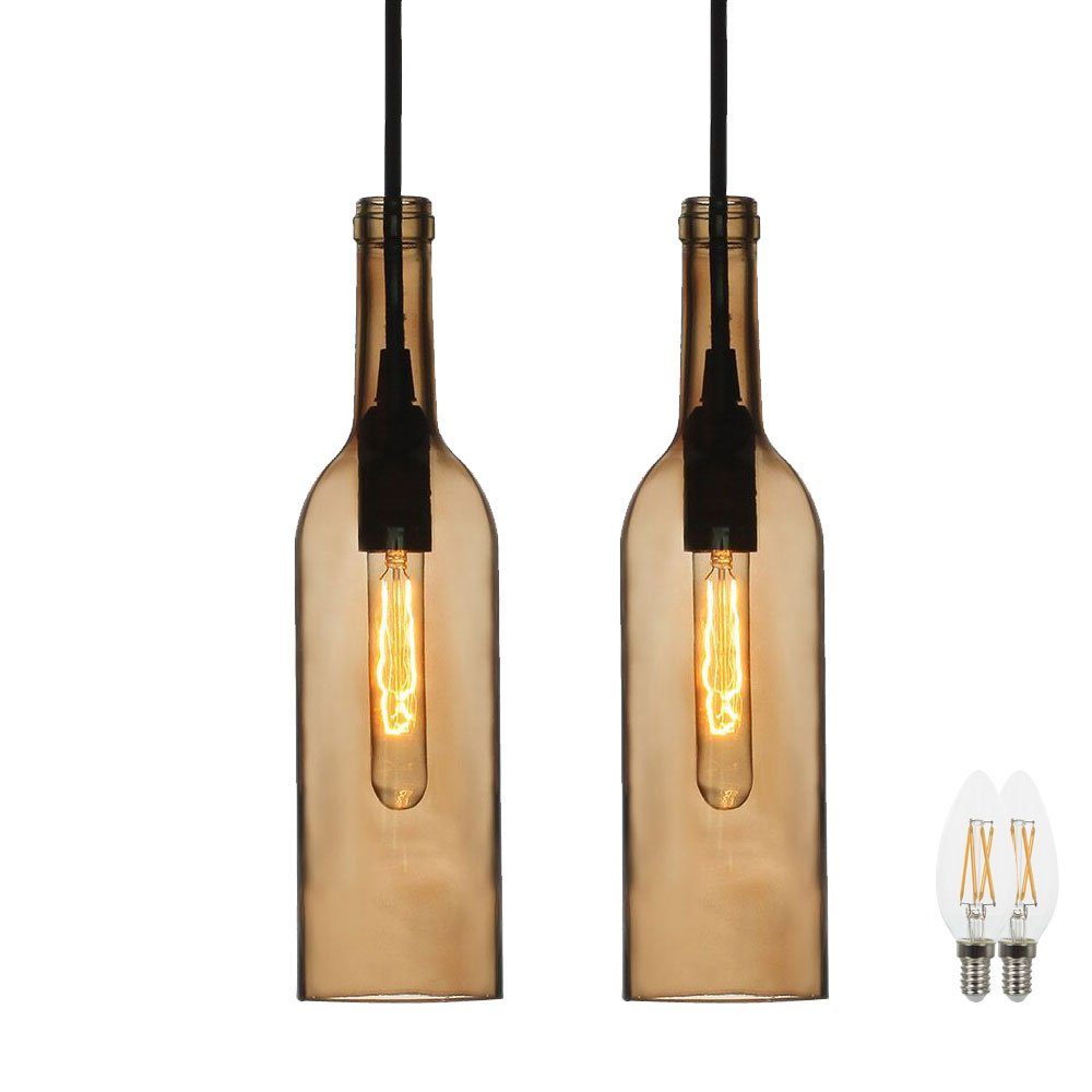 etc-shop LED Pendelleuchte, Leuchtmittel inklusive, Warmweiß, 2er Set Glas Decken Lampen Tageslicht Flaschen Pendel Leuchten im Set