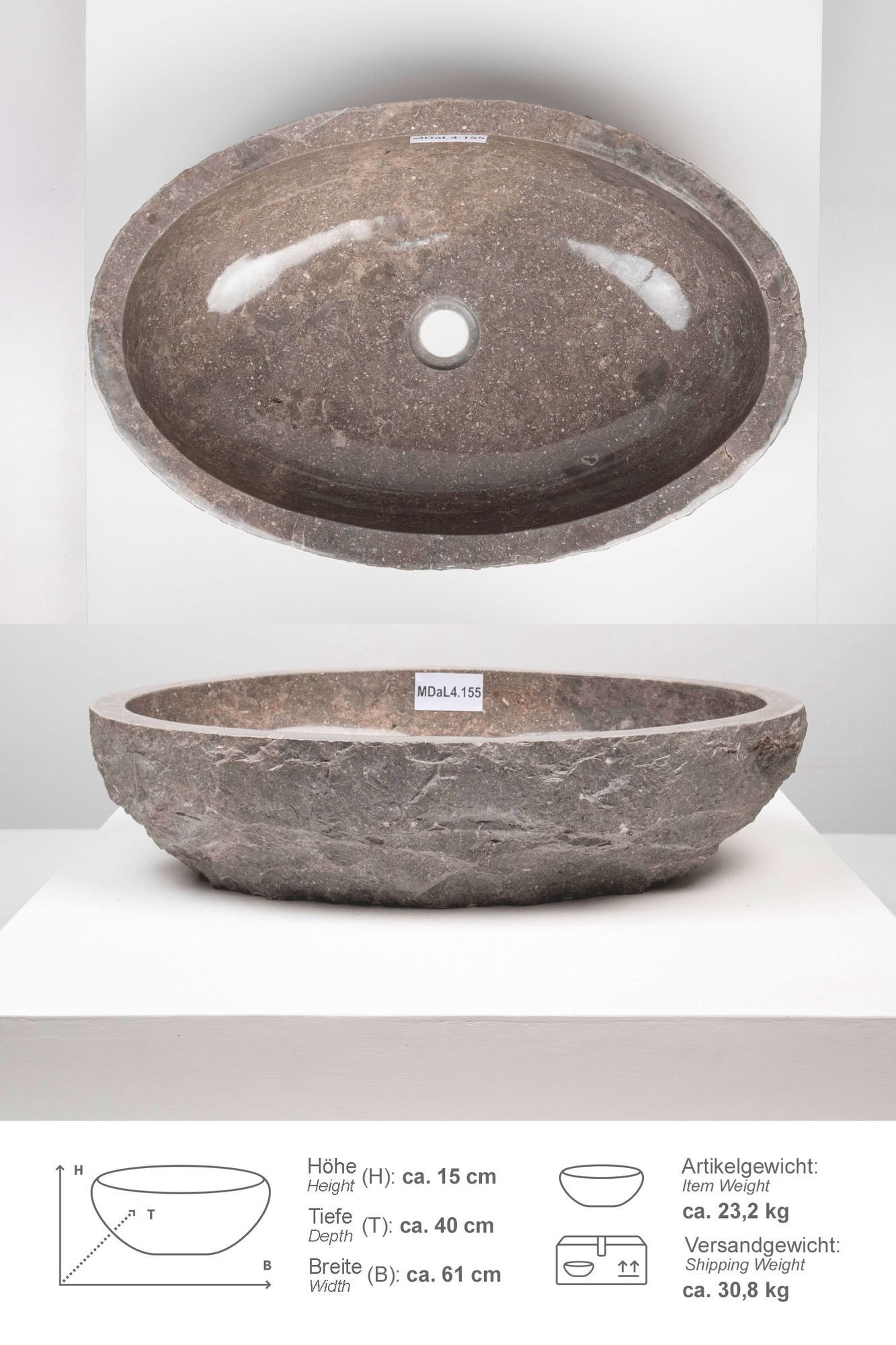 wohnfreuden Aufsatzwaschbecken Erosi Marmor Waschbecken 60 cm grau (Kein Set), 125591_MDaL4.155