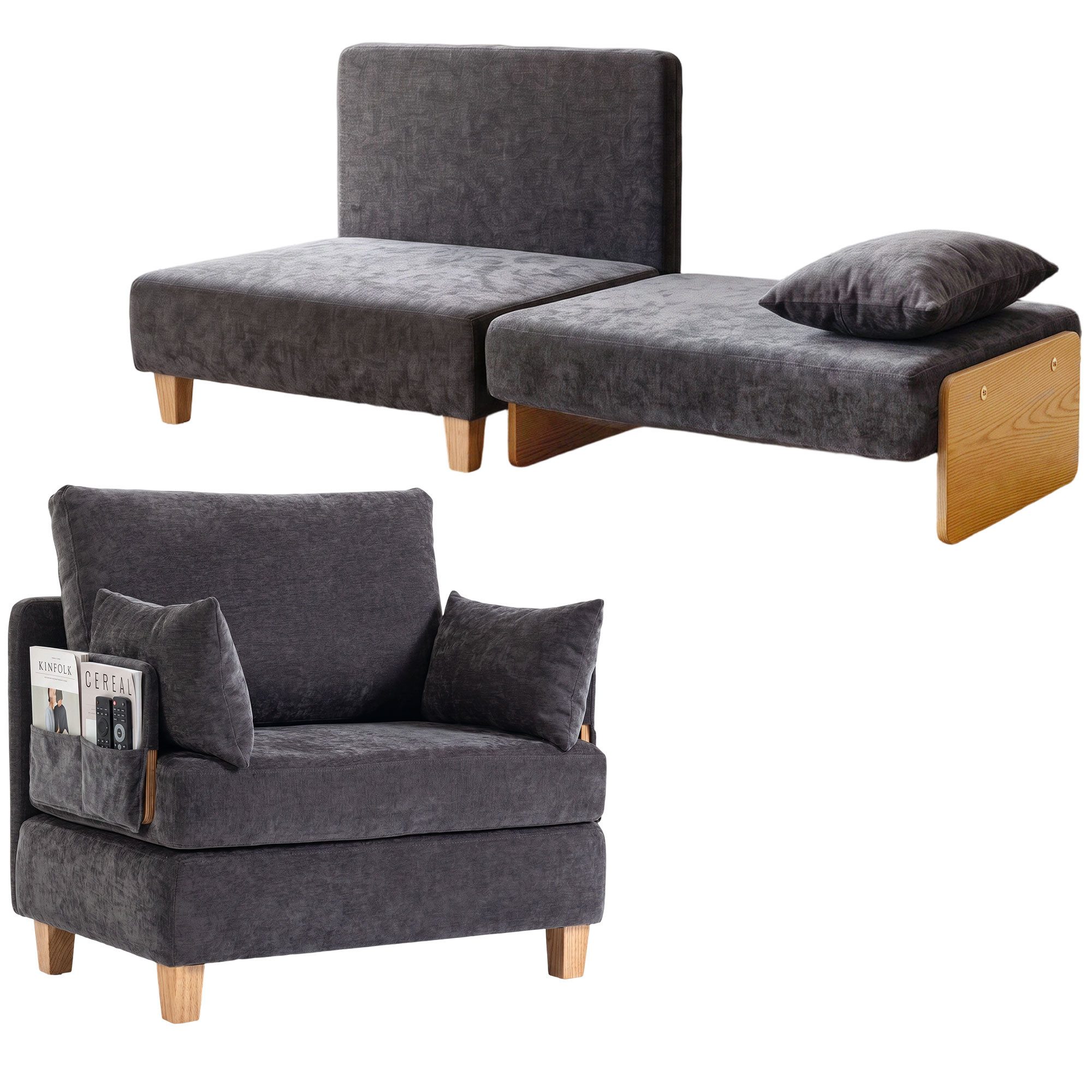 HOMCOM Schlafsofa Schlafsessel Gästebett mit 2 waschbaren Kissen Seitentaschen, Set 1 Teile, 2-in-1 Schlafsessel, Seitentaschen