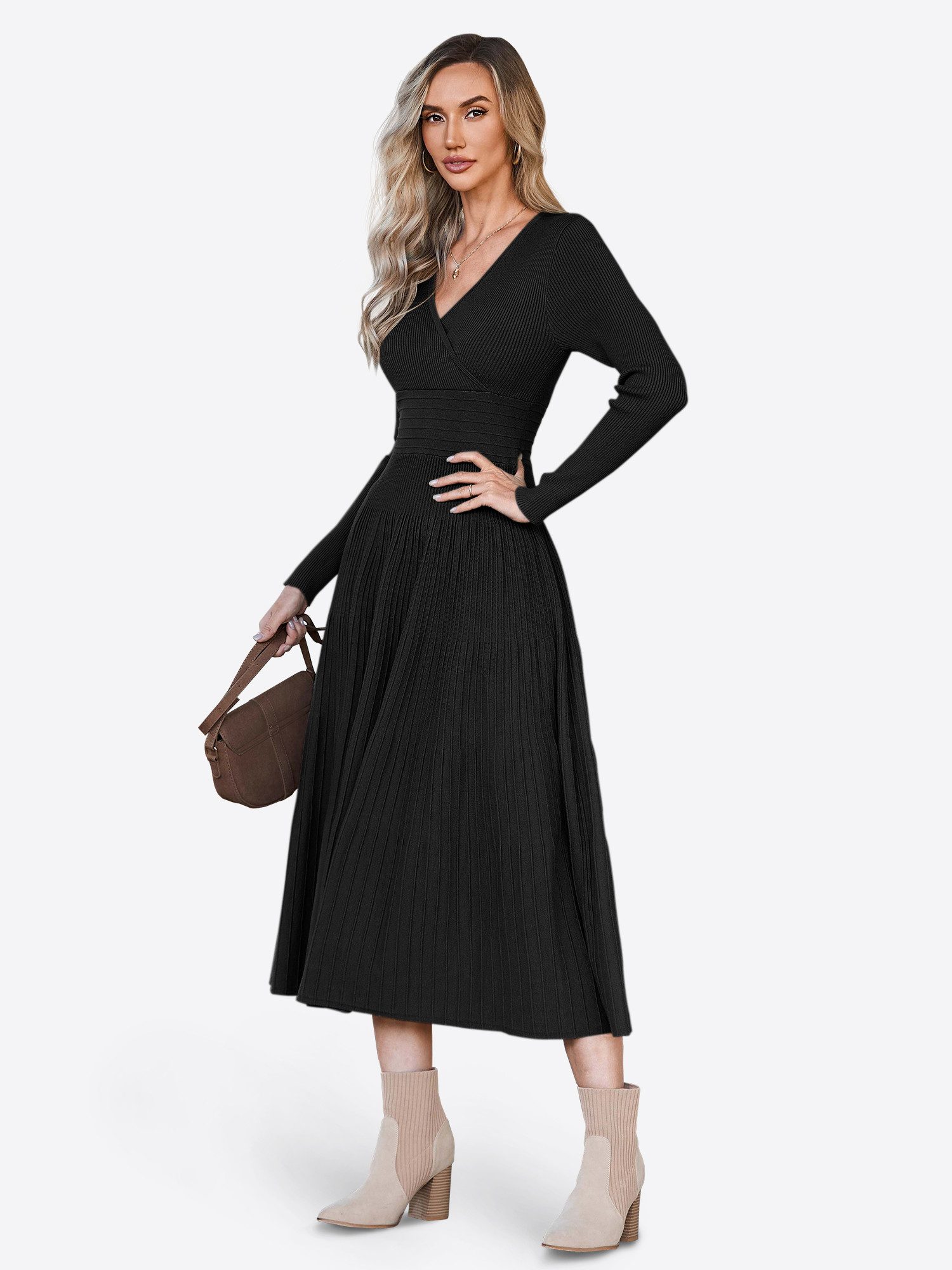 Imily Bela Strickkleid Damen Langarm Midi Pullover Kleid Wrap V-Ausschnitt günstig online kaufen
