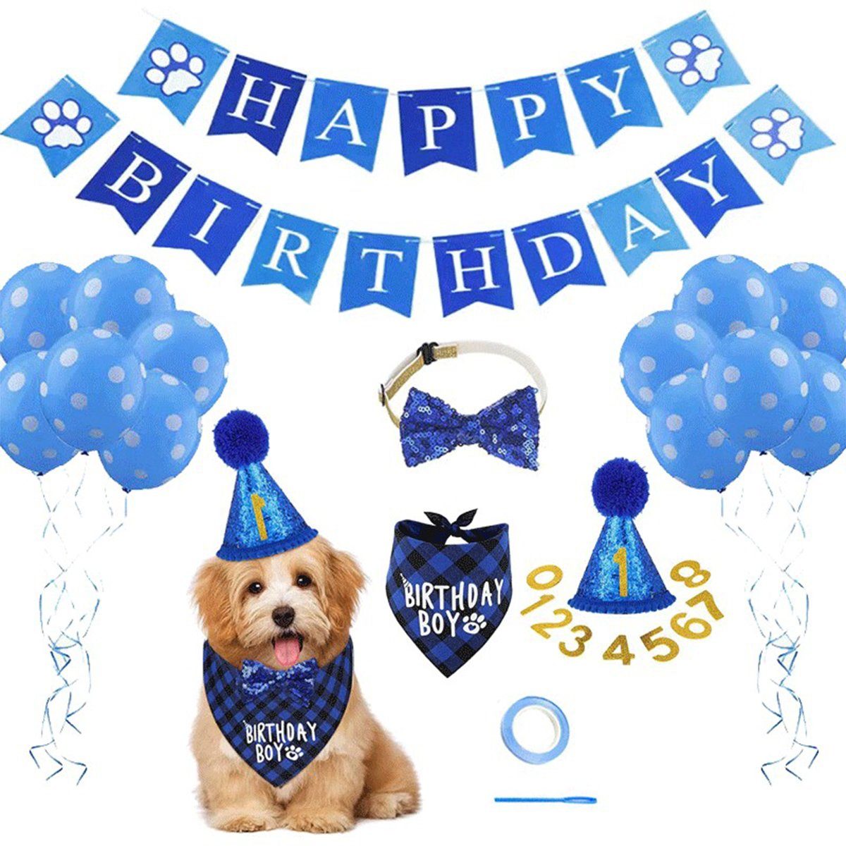 XDeer Hundekostüm Bandana Hunde Zubehör Set Hund Geburtstag Bandana Set, Schals Fliege Halsband Hund Geburtstag Deko für Partyzubehör