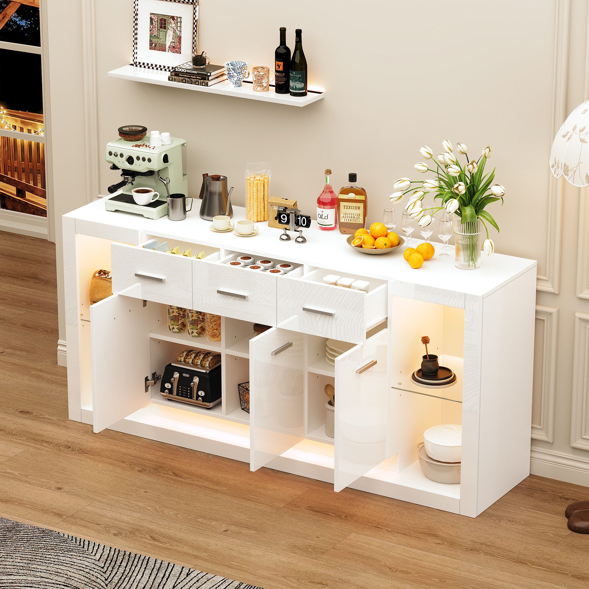 STILVORA Sideboard flur Wohnzimmerschrank Hochglanz Anrichte mit LED&Schubladen Weiß (Packung, 1 St., Ein kommode mit 10 Ablagefächern und verstellbaren Einlegeböden), Schrank mit Boden aus gehärtetem Glas,Weiß