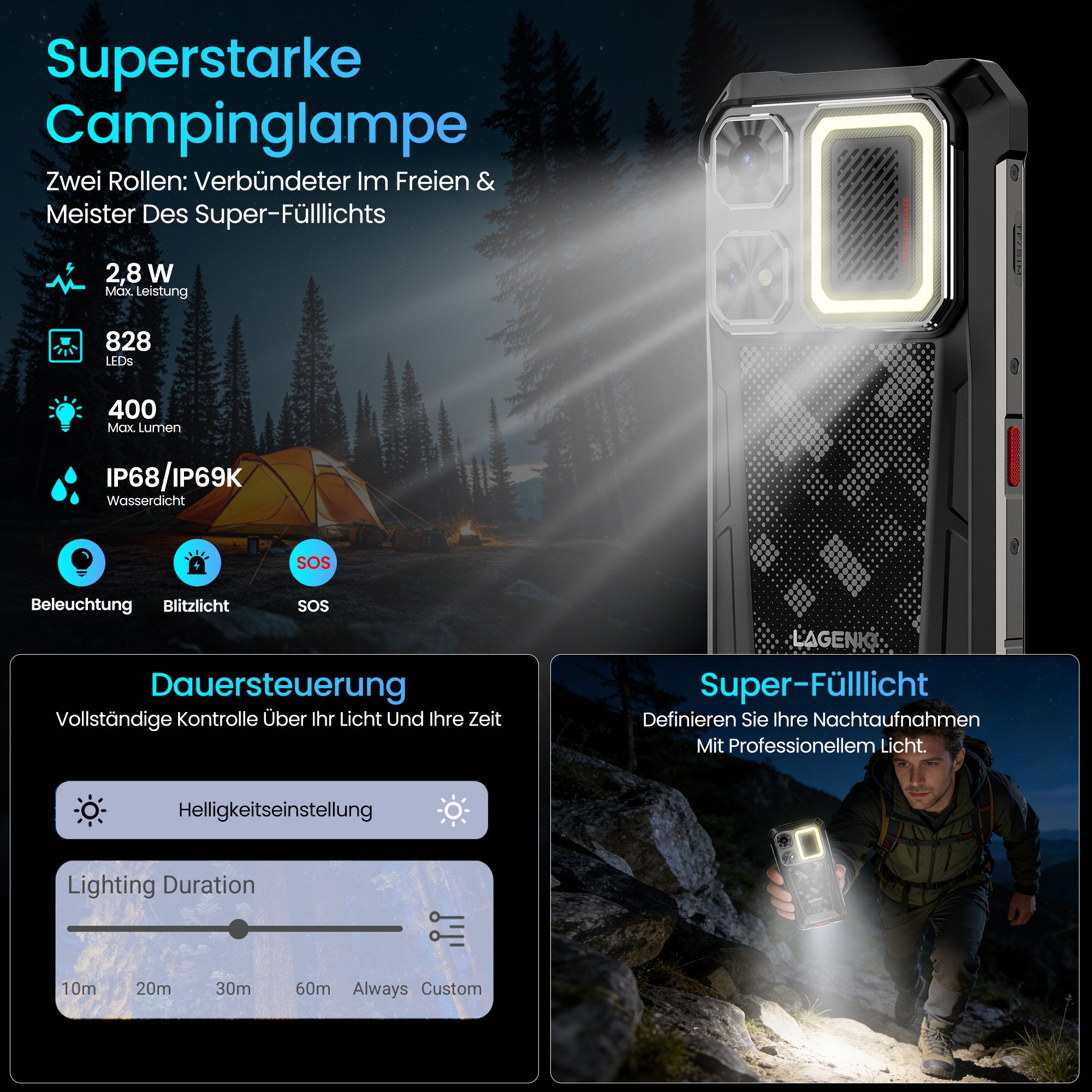 LAGENIO Rhino 1 Pro Black 6,9" Outdoor Handy 12.000mAh lange Akkulaufzeit 64MP Smartphone (64 MP Kamera, IP69K Staub-&Wasserdicht 120Hz 12000mAh OTG Camping Licht eSIM 8GB RAM)