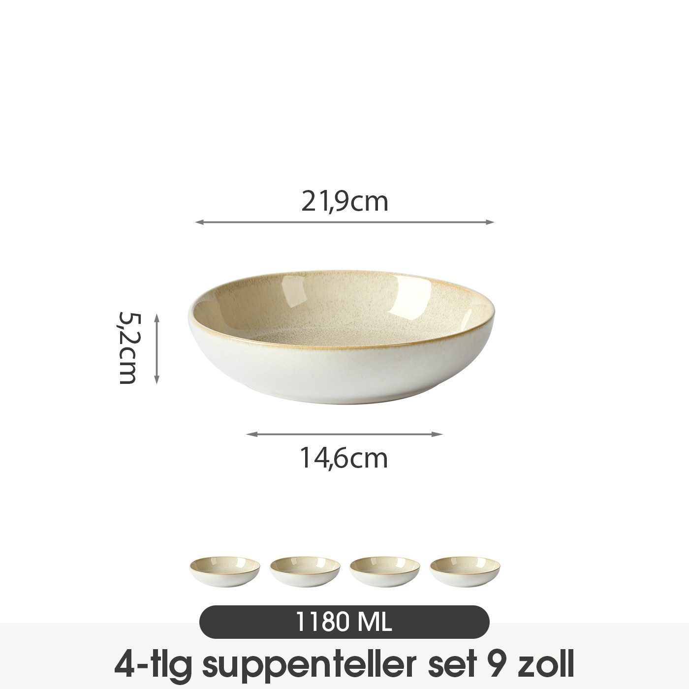 JIWOO Suppenteller 4er Ø21,9cm, Speiseteller Pastateller Salatteller Dessertteller Plate, (4 St), Keramik Hochwertiges Tellerset Braun Mikrowellenofen Spülmaschine