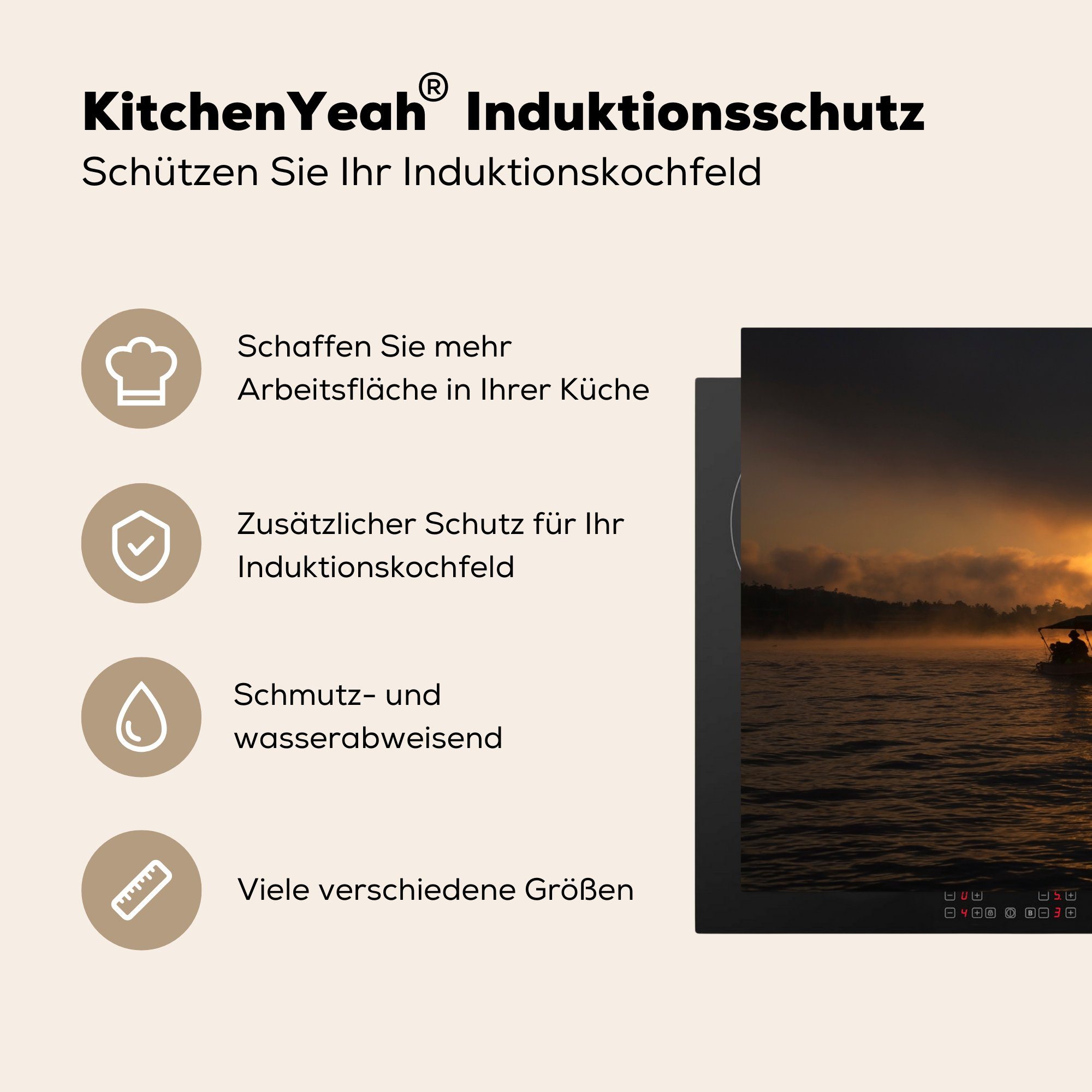 Induktionskochfeld für Vinyl, MuchoWow cm, Sonnenuntergang, 81x52 tlg), küche, die Nebel Boot Schutz im Herdblende-/Abdeckplatte mit (1 Ceranfeldabdeckung