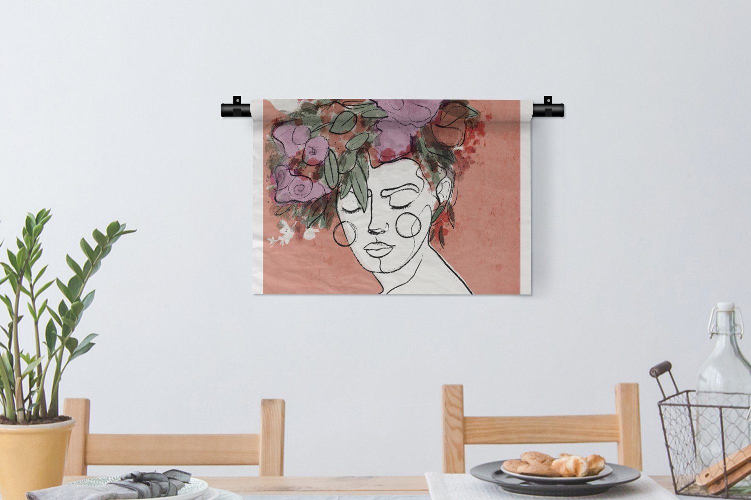 MuchoWow Wanddekoobjekt Porträt Wandbehang, Blumen Schlafzimmer, - für Wanddeko Wohnzimmer, - Kinderzimmer Kleid, Pastell, Frau 