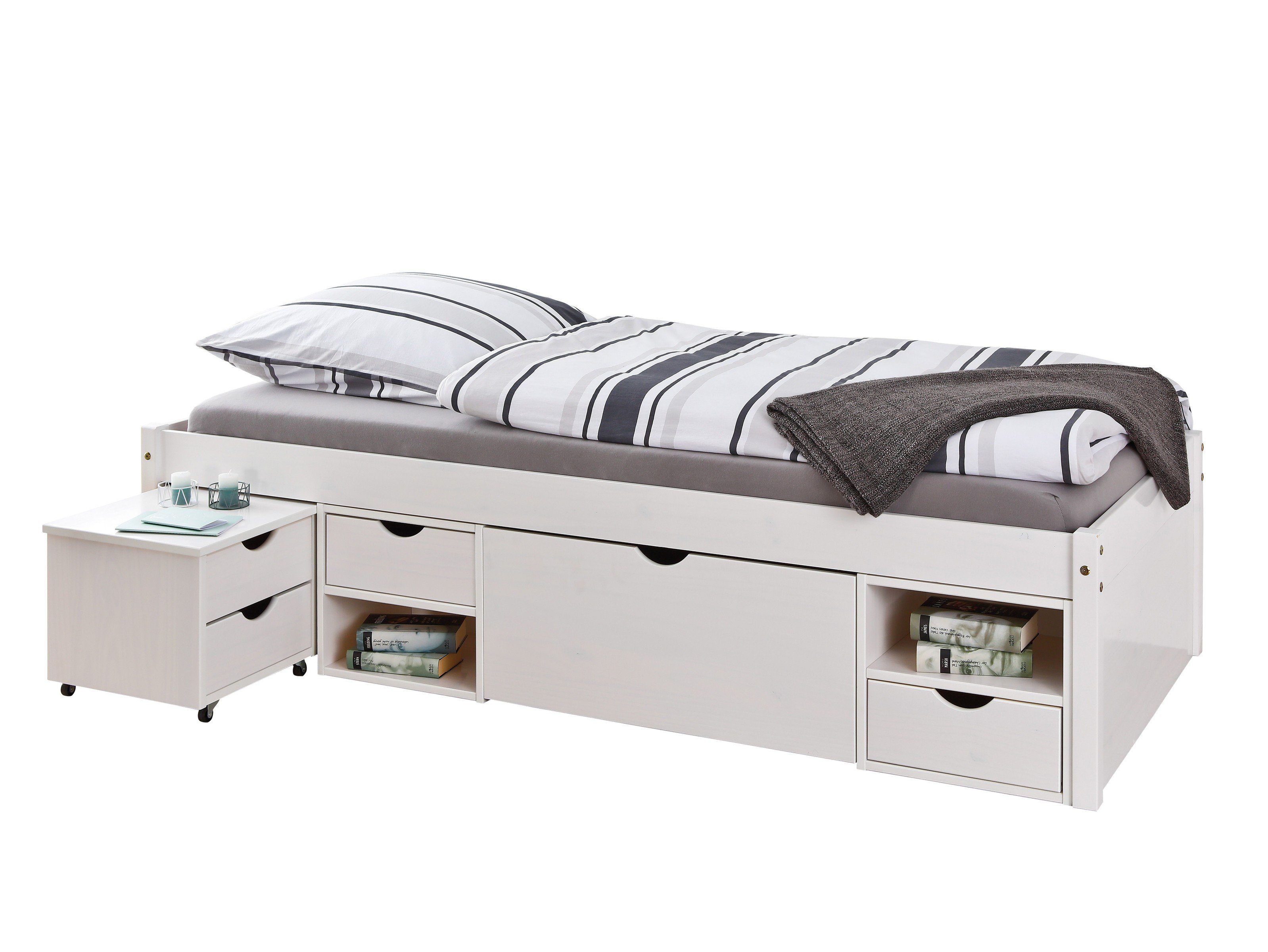 Inter Link Funktionsbett Massivholz in Weiss mit 2 Schubladen. BxHxT) 209x47,5x96 cm