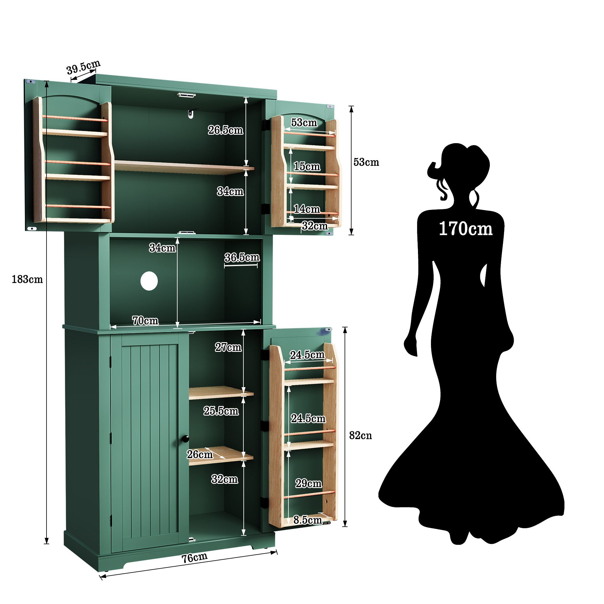 HOLTICO Hochschrank Küchenschrank mit Arbeitsplatte, Buffetschrank, Esszimmerschrank (1-St) Speisekammer mit 4 Türen und Regalen, 183cm