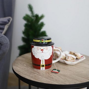 BURI Tasse Kaffeebecher aus Porzellan mit Weihnachtsmotiven & Deckel Tasse, Porzellan