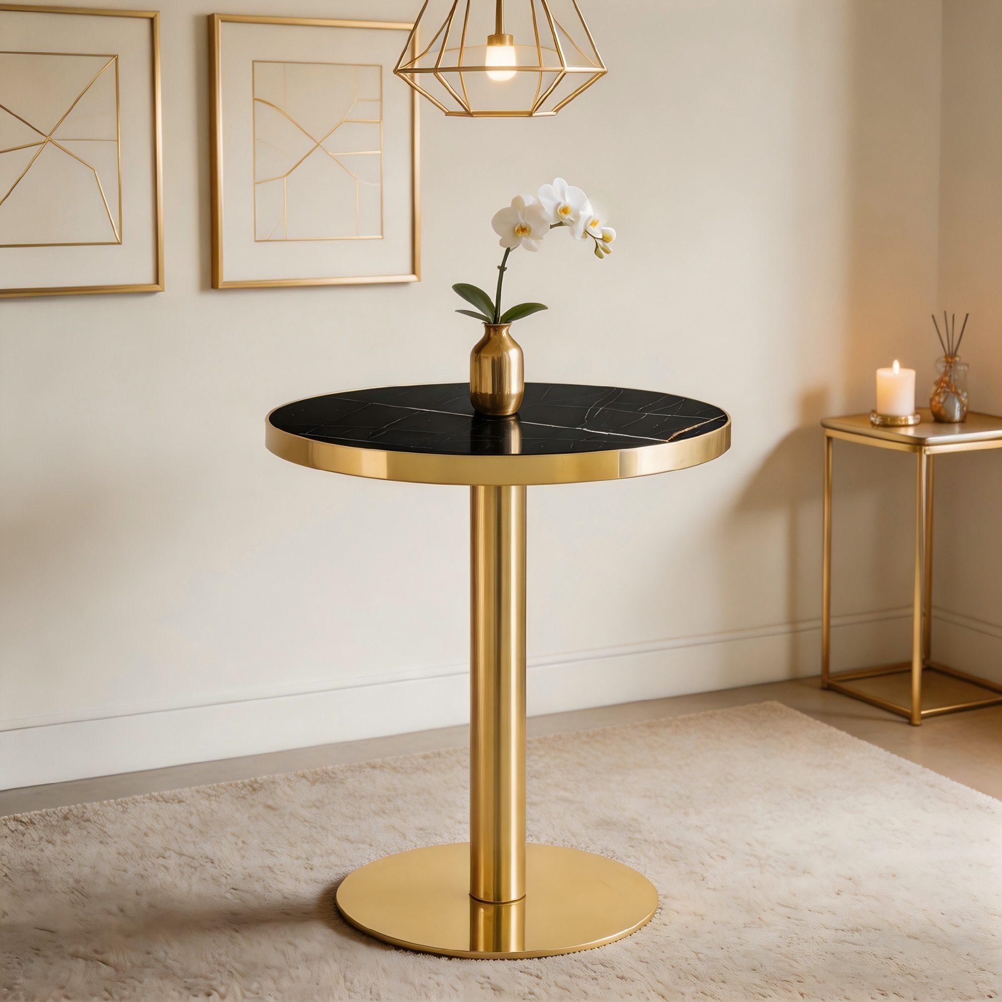 MODFU Couchtisch Design Kaffeetisch rund modern in Marmoroptik mit UV-Beschichtung (Edelstahlrahmen und stabilem Sockel), Beistelltisch Wohnzimmertisch
