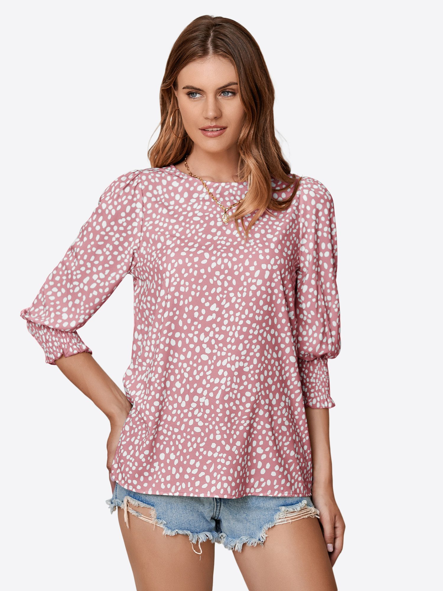 Druckbluse Damen Fleckenmuster Rundhals 3/4-Ärmel Sommer Lässig Alltag