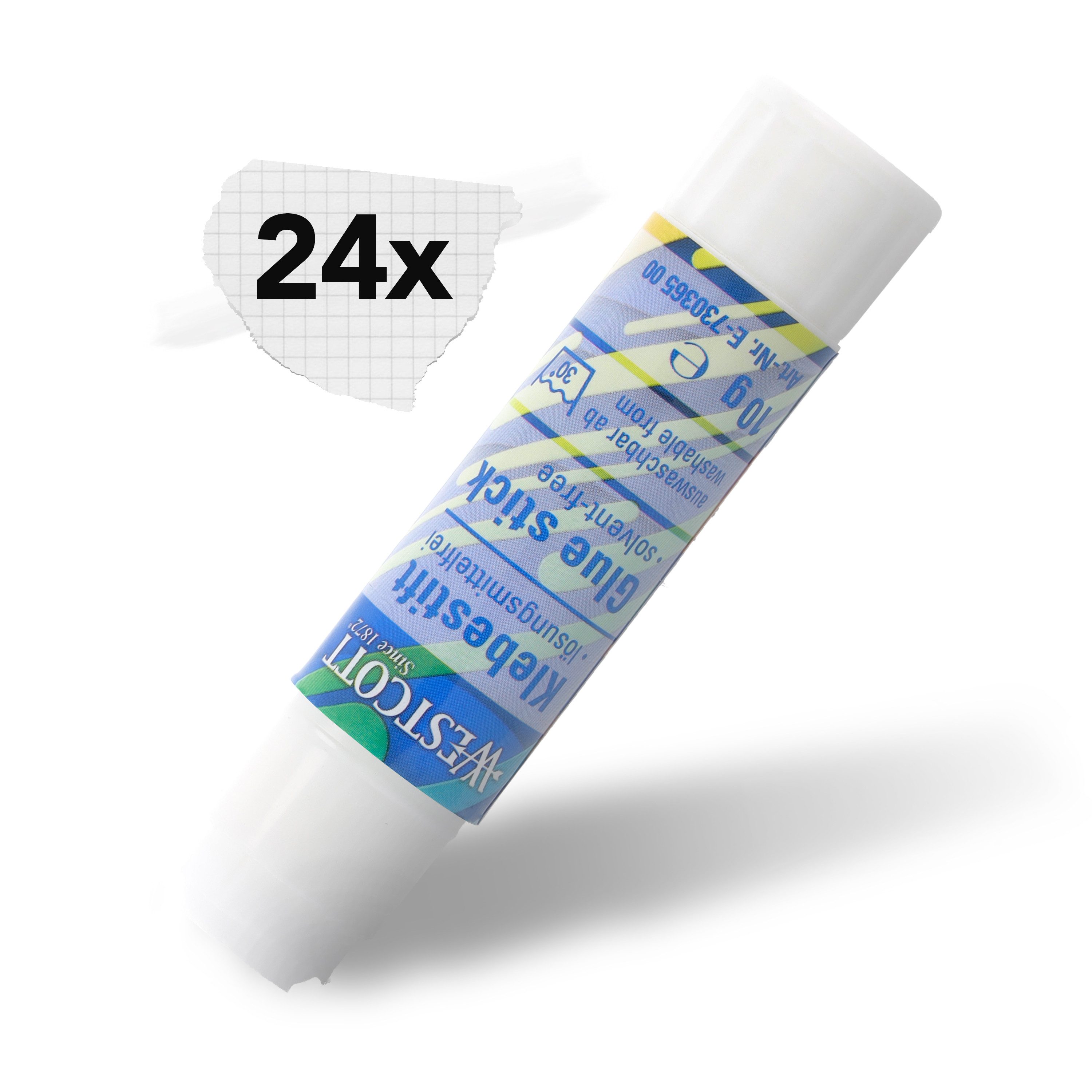 WESTCOTT Klebestift 10g (24 Stück), Bastelkleber mit 1,5cm transparentem Klebestreifen, (Vorteilspack, 24-tlg), Klebt stark und dauerhaft, 100% lösungsmittelfrei