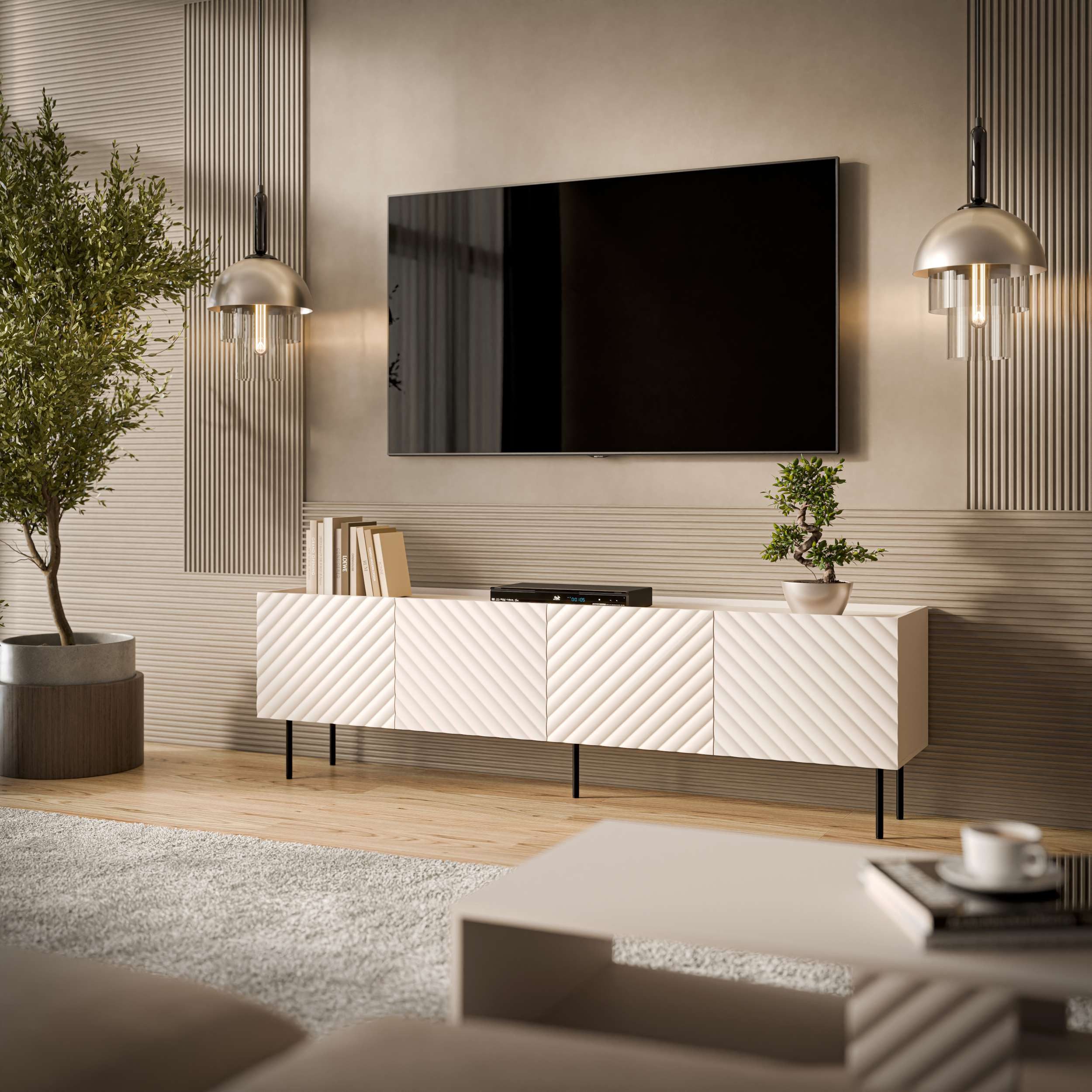 99rooms Lowboard Luzia (TV-Kommode, TV-Schrank), mit 4 grifflosen Türen, aus Holzwerkstoff, Metall Füße