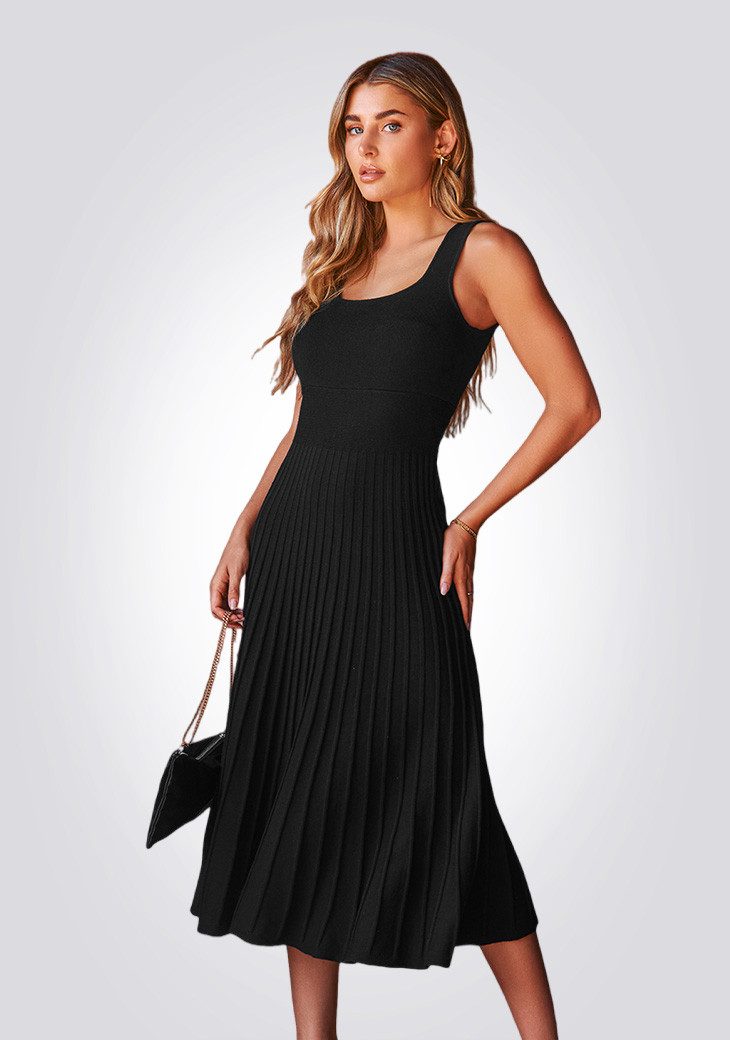 Cupshe Strickkleid Schwarzes Strickkleid mit Plisseerock aermellos Midi