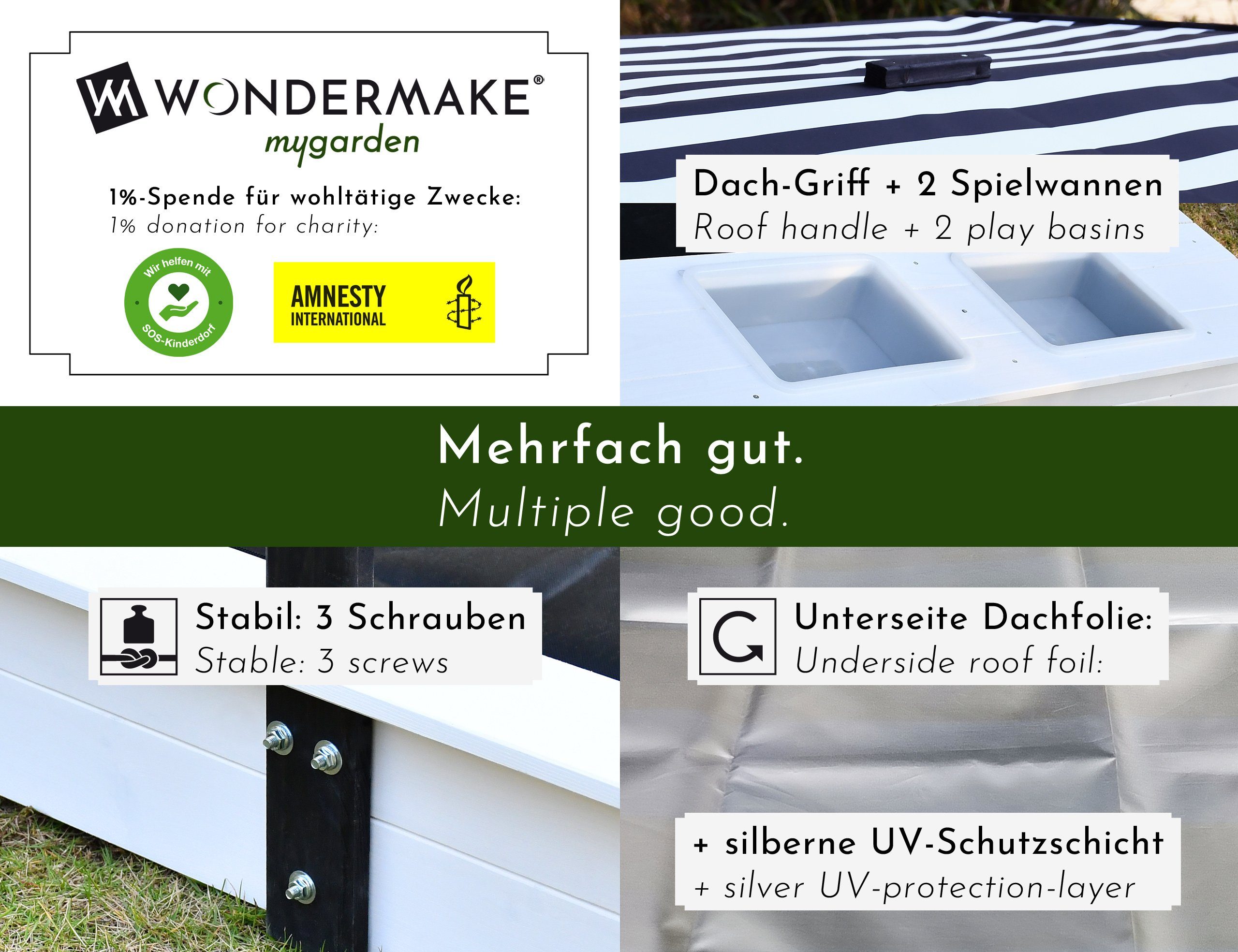 WONDERMAKE Sandkasten mit Abdeckung Deckel Dach, 2x Matschküche, Boden Vlie günstig online kaufen