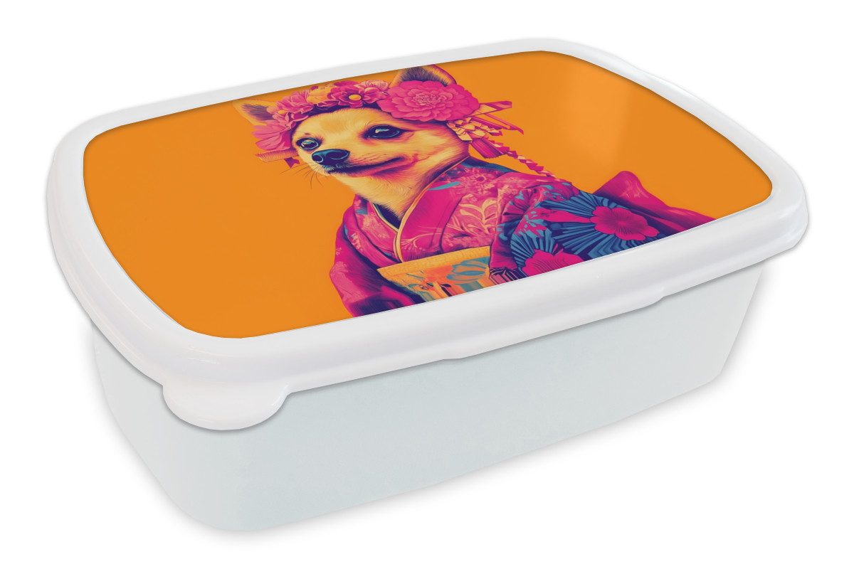 MuchoWow Lunchbox Kimono - Hündchen - Blumenkrone - Orange, Kunststoff, (2-tlg), Brotdose Schule oder Arbeit, Brotbox für Kinder und Erwachsene
