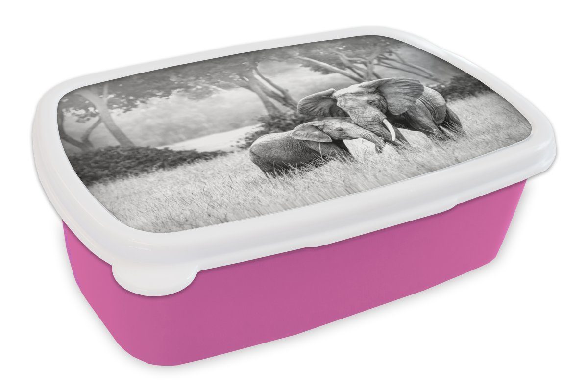 MuchoWow Lunchbox Elefantenbaby mit seiner Mutter - schwarz und weiß, Kunststoff, (2-tlg), Brotbox für Erwachsene, Brotdose Kinder, Snackbox, Mädchen, Kunststoff rosa