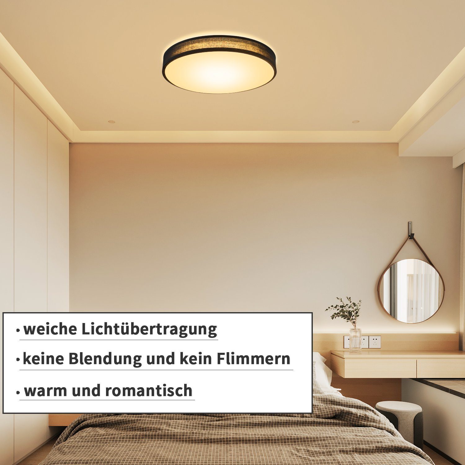 Nettlife LED Deckenleuchte Rund Schwarz 12W, Schlafzimmerlampe Warmweiße 3000K Moderne Stoff
