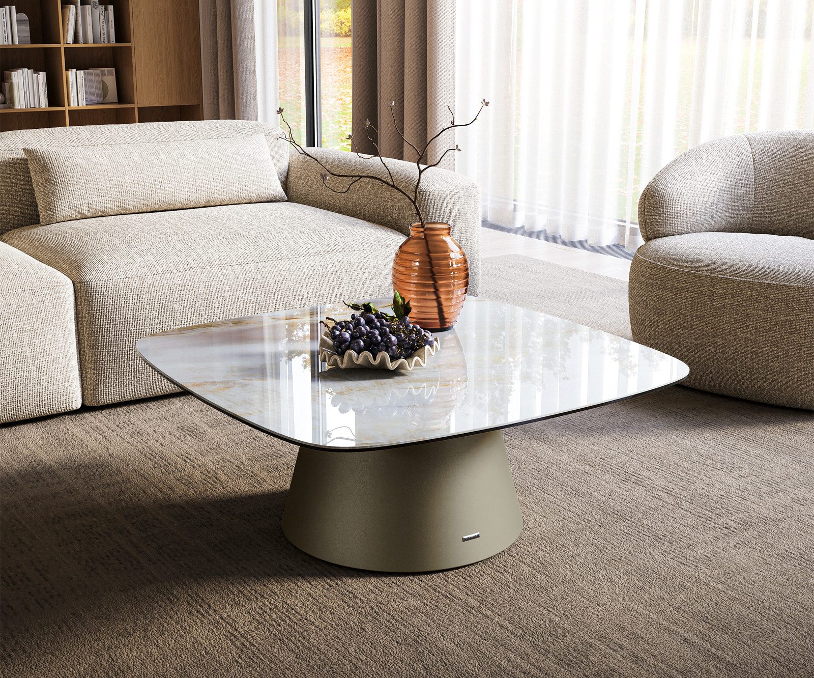 DELIFE Couchtisch Edge, Boot 90x90 cm Keramik Onyx Pearl Borna Effektfinish Titan